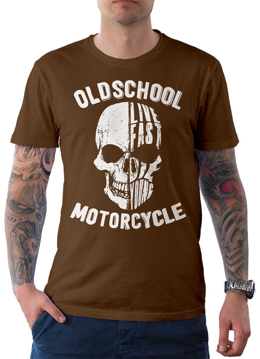 Rebel On Wheels T-Shirt Herren T-Shirt Tee Live Fast Motorcycle mit Biker / Motorrad Motiv Braun