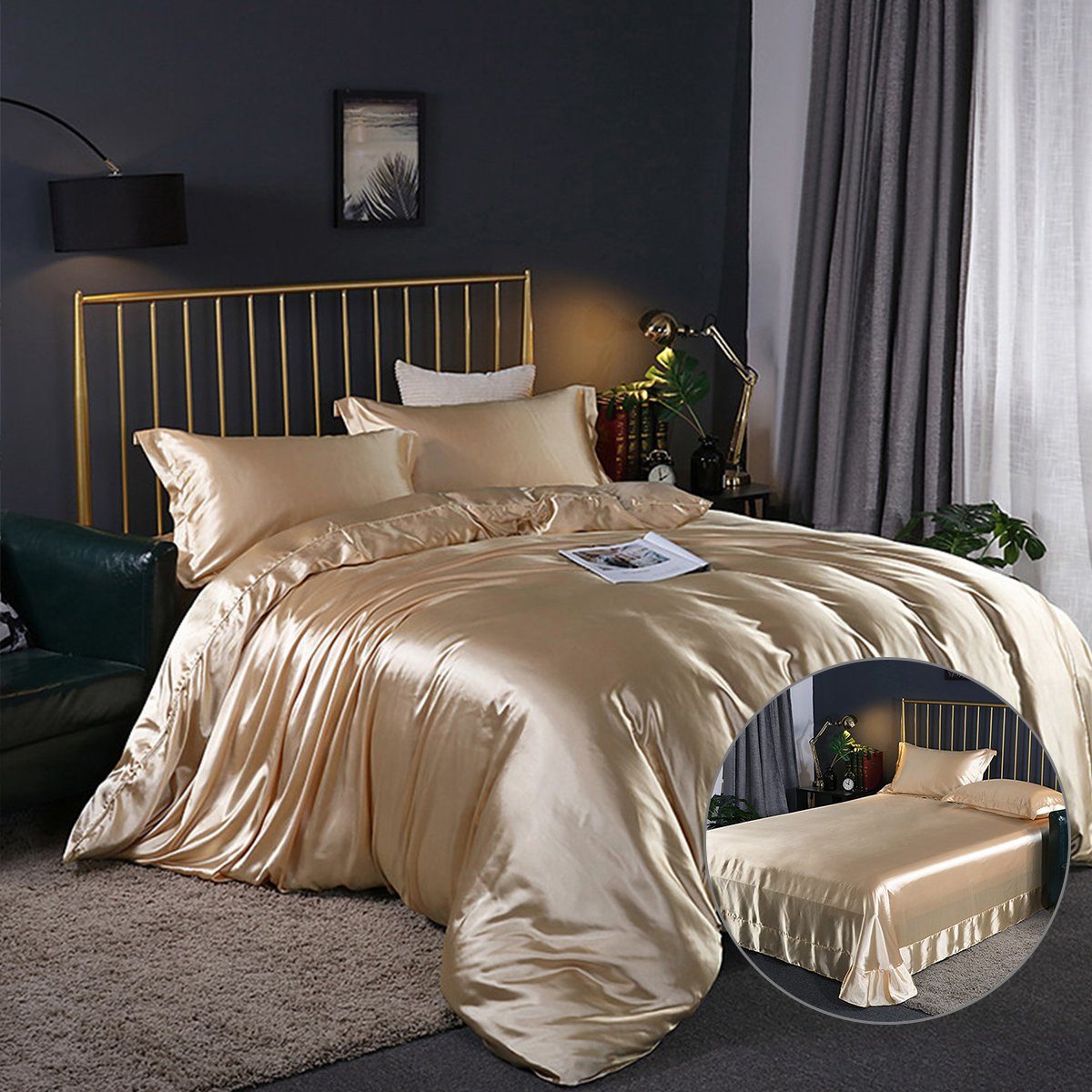 DEBAIJIA Bettrolle Satin Seide Bedding 4 teilig Bettwäsche Set Bettbezug Weiches