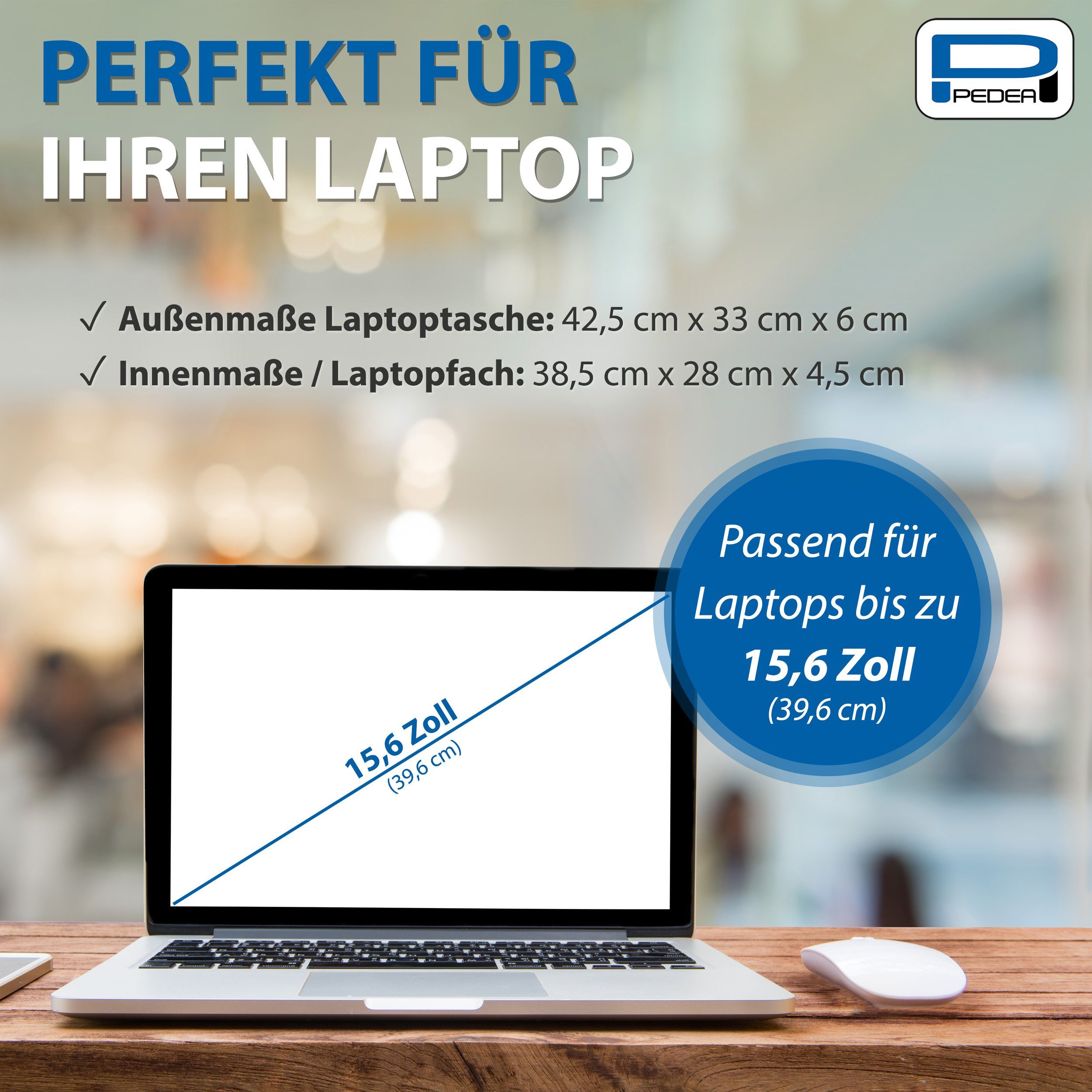 PEDEA Laptoptasche FAIR Notebooktasche für 13,3 / 15,6 / 17,3 Zoll (Laptopfach: 38,5 cm x 28 cm x 4,5 cm (BxHxT), bis 15,6 Zoll (39,6 cm) Schutzrahmen, wasserabweisend, Schultergurt