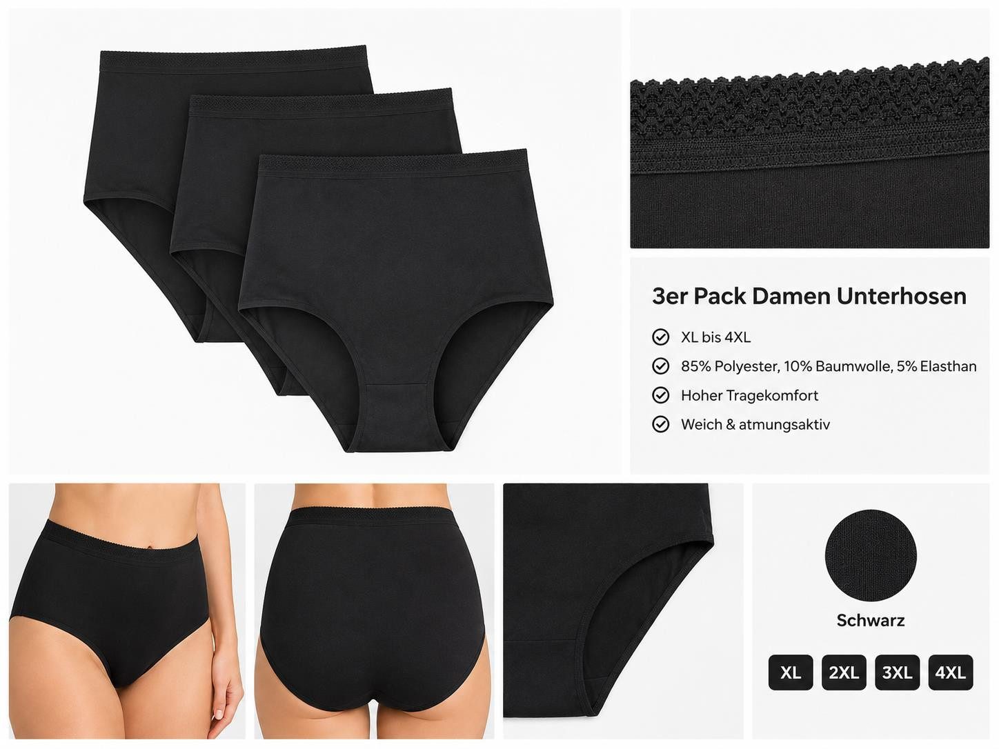 Taillenslip Damen Slips 3er Pack Schwarz XL-4XL High Waist Komfortbund