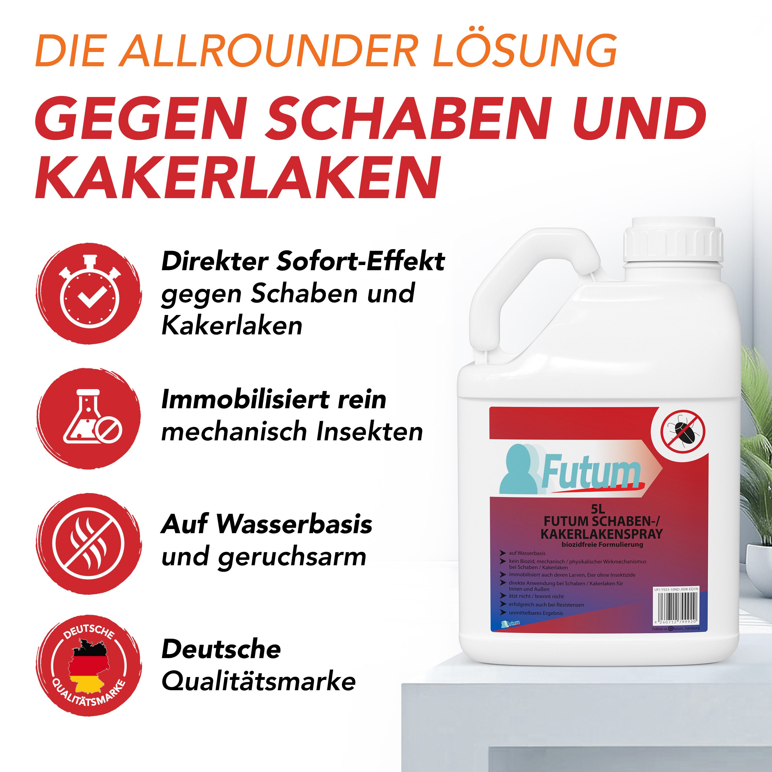 FUTUM Insektenspray Kakerlaken Spray Schaben Spray Küchenschaben Abwehr, 20 l, 20000 ml, biozidfreie Formel, auf Wasserbasis, geruchsarm, brennt / ätzt nicht