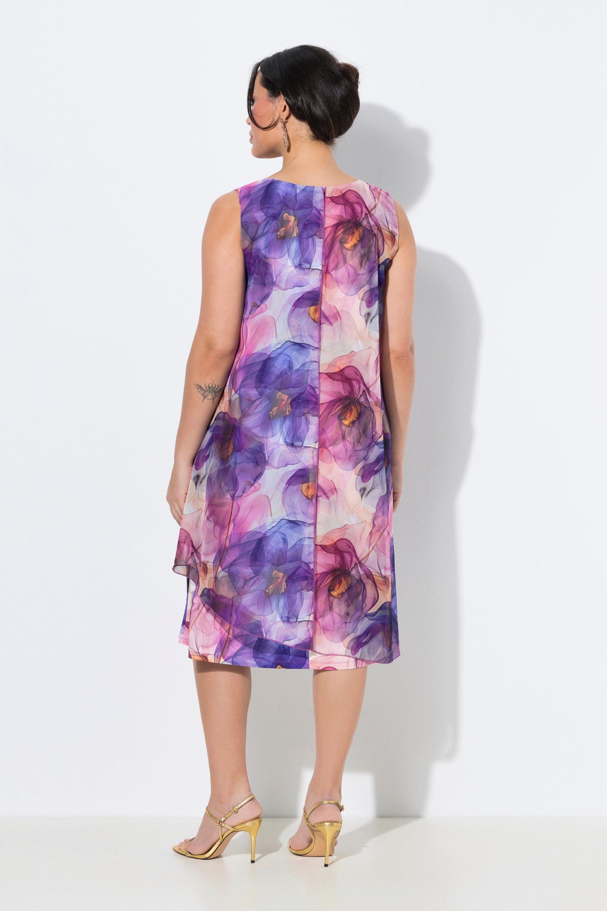 Ulla Popken Cocktailkleid Chiffonkleid Blüten A-Linie Rundhals ärmellos
