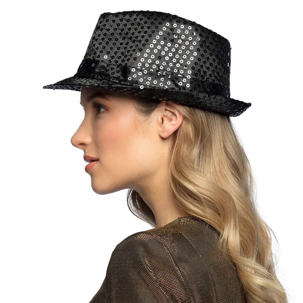 Boland Kostüm Pailletten-Hut glitzernd Popstar Hut schwarz für Karneval Disco Party, farbenfrohes Basic-Accessoire für Karneval, Disco und Festivals