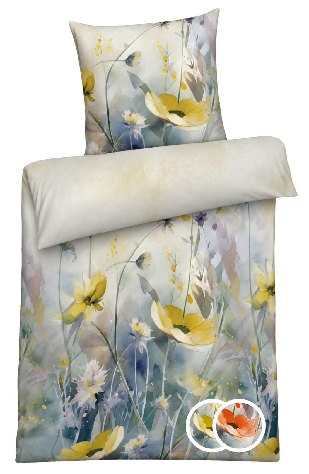 Carpe Sonno Bettwäsche Mako Satin Bettwäsche 135 x 200 155 x 220 Blumen Baumwolle OEKO-TEX, Mako-Satin, 2 teilig, Makosatin Bettbezug, Reißverschluss, Mohnblume Gelb 155x220