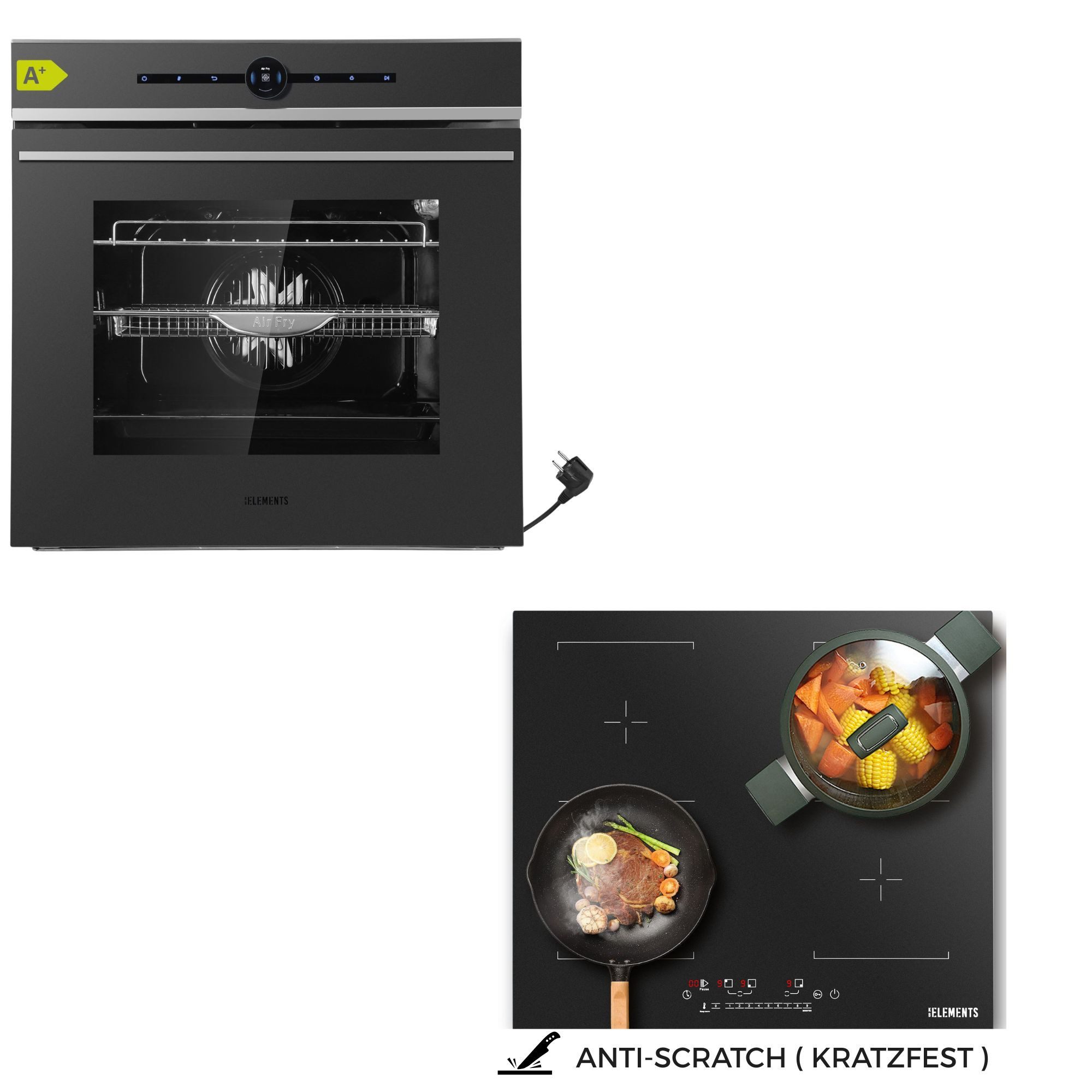 KB Elements Induktions Herd-Set Kratzfestes Induktion 60 cm mit Einbaubackofen 60 cm, mit 2-fach-Teleskopauszug, AQUA CLEAN, Air Fry Funktion, Rotisserie Funktion, 2 Flexzonen