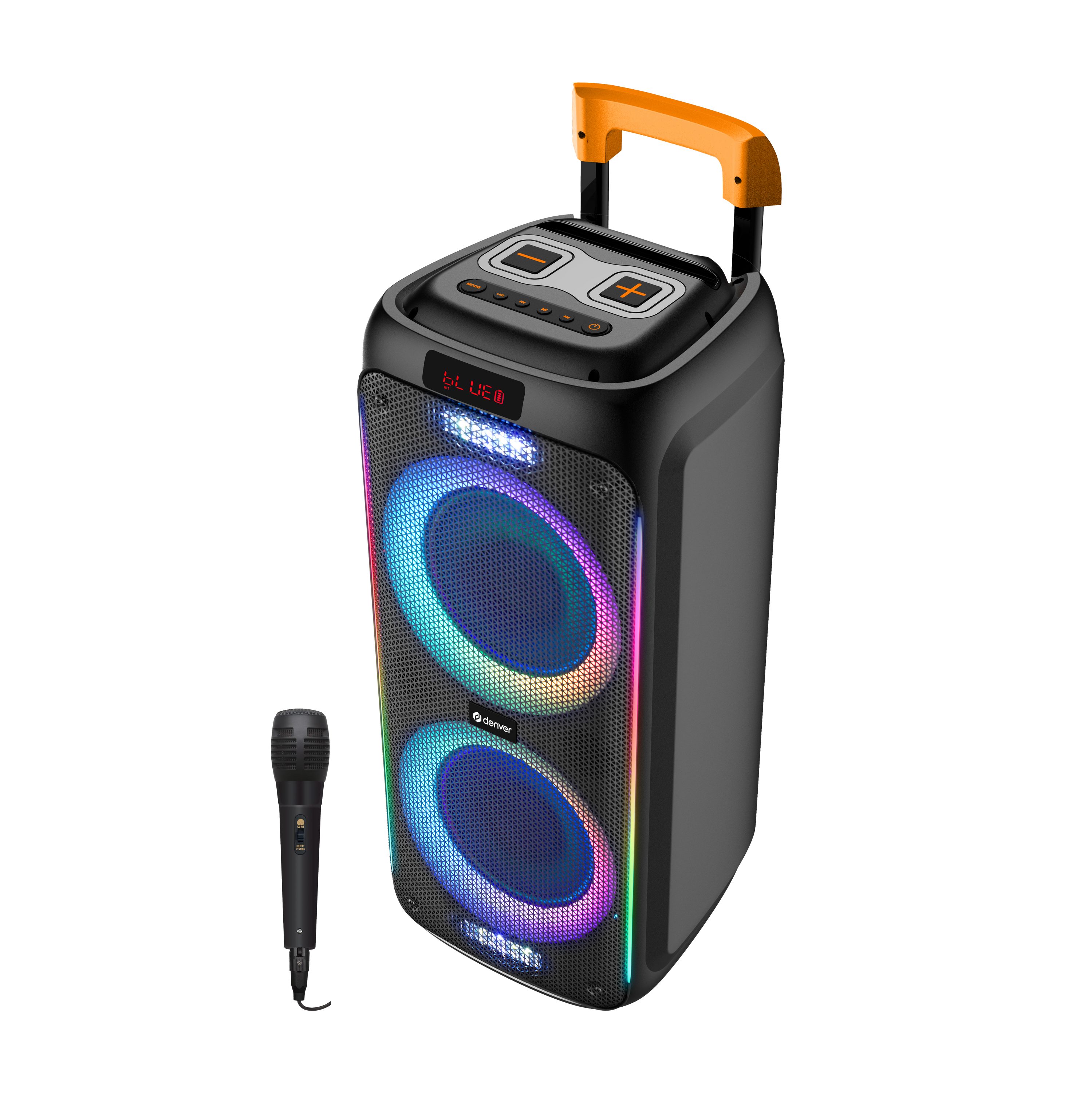 Denver TSP-456 Portable-Lautsprecher (Bluetooth, 60 W, Trolley-Design, 2×8" Woofer, LED-Lichteffekte, inkl. Mikrofon, TWS)