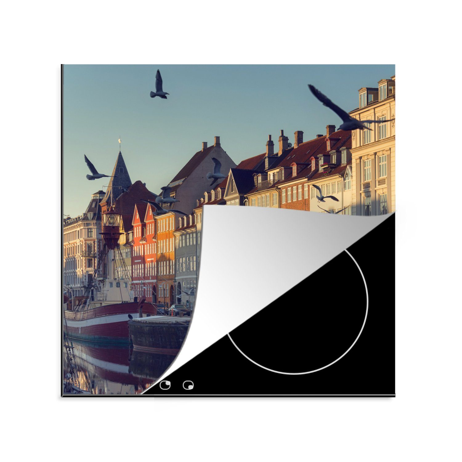 MuchoWow Herdblende-/Abdeckplatte Nyhavn am Morgen Kopenhagen - Dänemark, Vinyl, (1 tlg), 78x78 cm, Ceranfeldabdeckung, Arbeitsplatte für küche