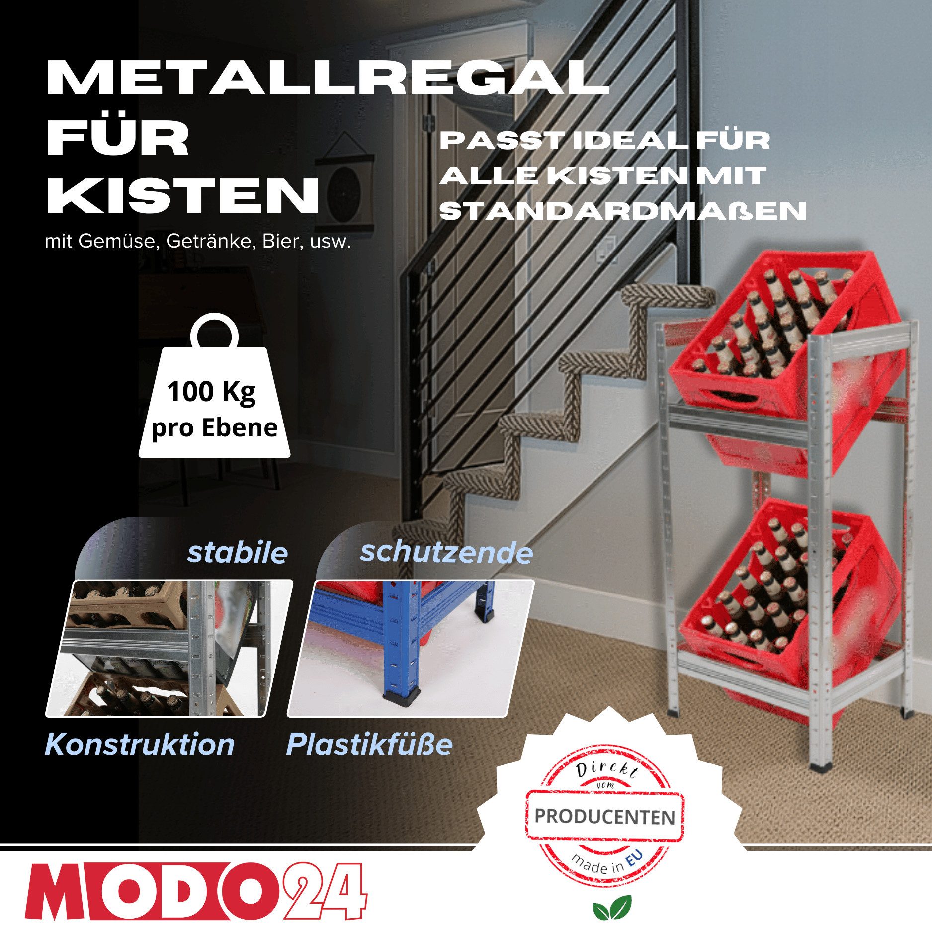 Modo24 Kastenständer Helios Kistenregal Metall, Kellerregal für 2-3 Kisten, Lagerregal, Getränkeregal Stabil Kistenständer Freistehend, Kistenhalter, 5 Farben