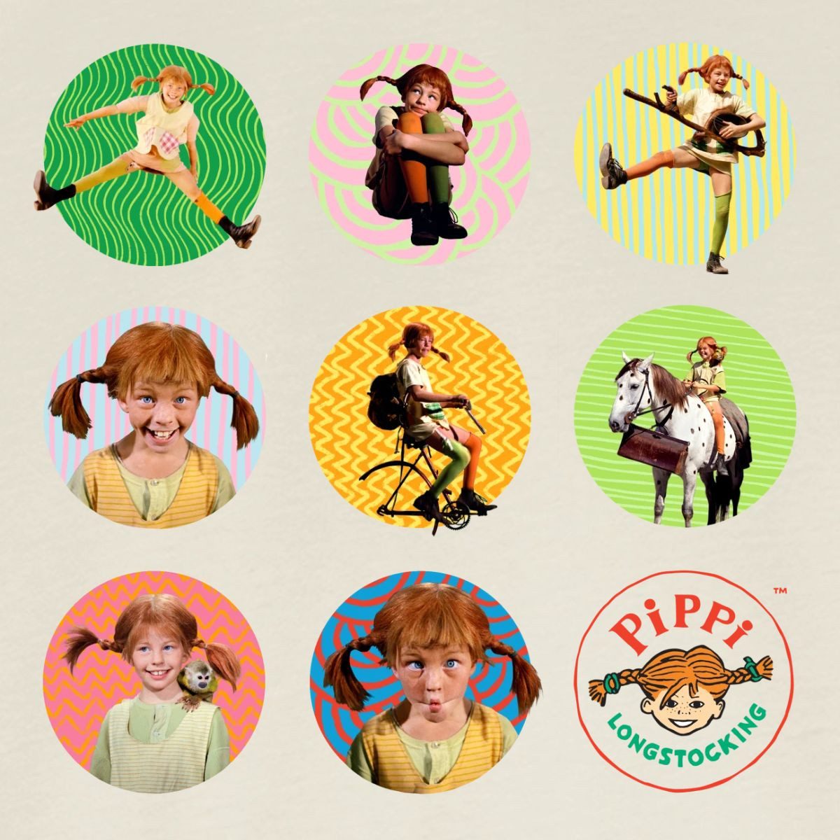 Spreadshirt T-Shirt Pippi Langstrumpf Bilder Von Pippi In Kreisen Kinder Premium Langarmsh (1-tlg)