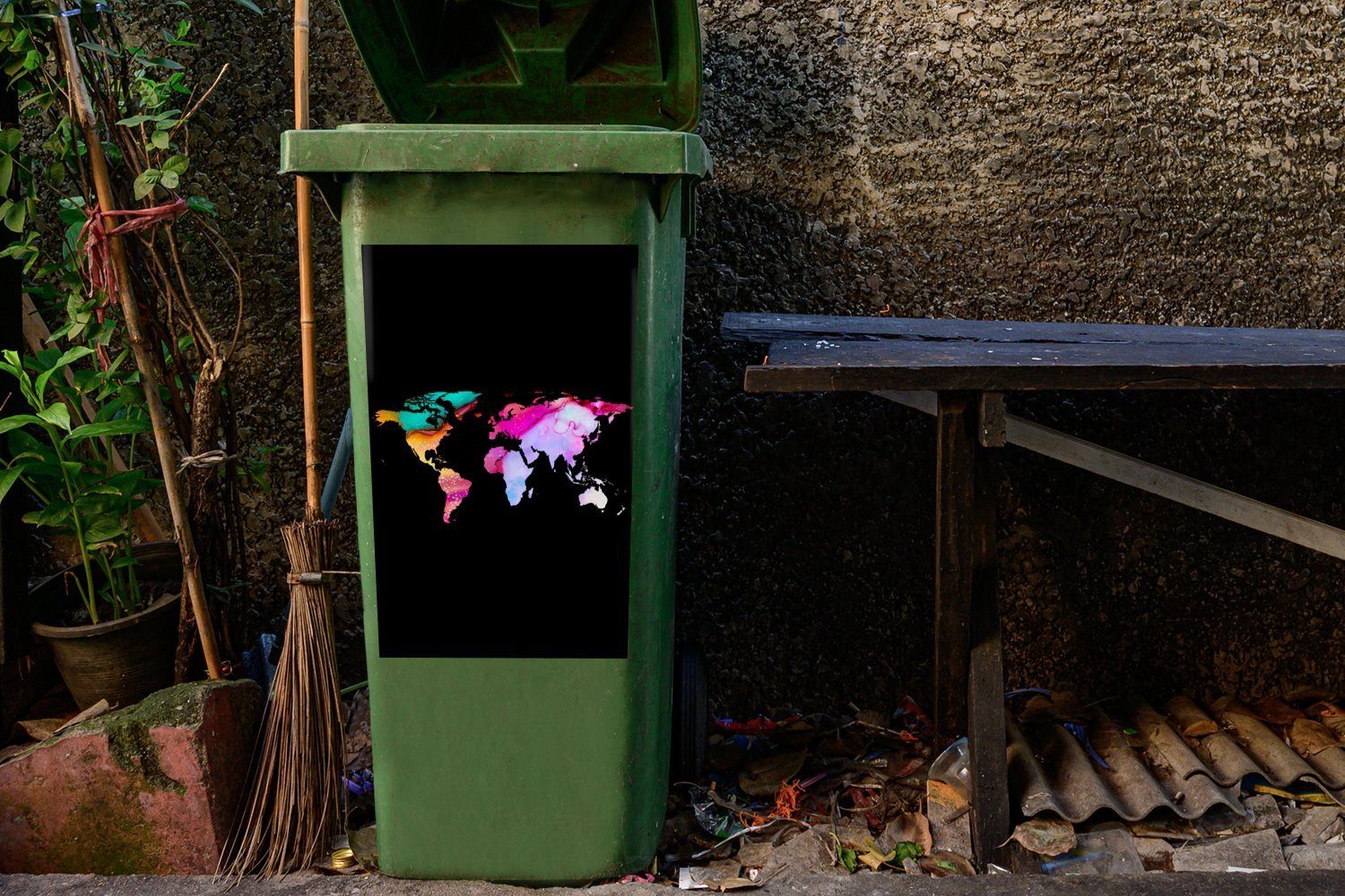 - Farbe Mülltonne, St), (1 Container, Sticker, - MuchoWow Mülleimer-aufkleber, Abfalbehälter Regenbogen Wandsticker Weltkarte