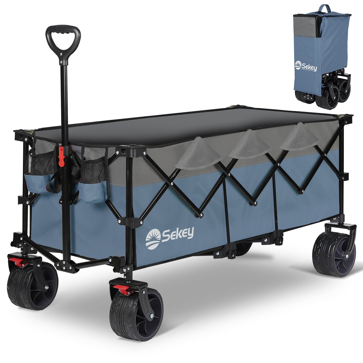 Ultrakompakte Blau-mit-Grau 300L Bollerwagen Faltbar Bollerwagen Reifen, Sekey XXXL 4013, mit Superlang Alle-Gelände Sekey Bremsen Faltgröße, 150KG,