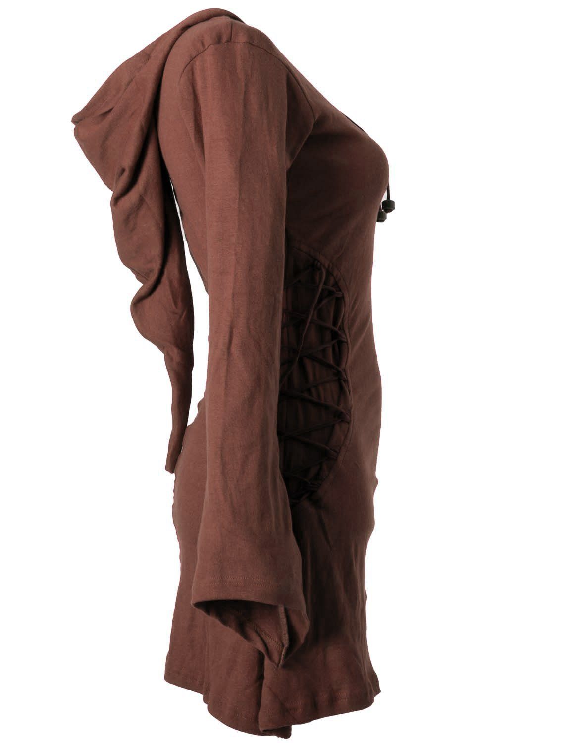 Hoody, Elfenkleid Vishes Gothik mit Style Ethno, dunkelbraun Zipfelkleid Bändern zum Zipfelkapuze Schnüren