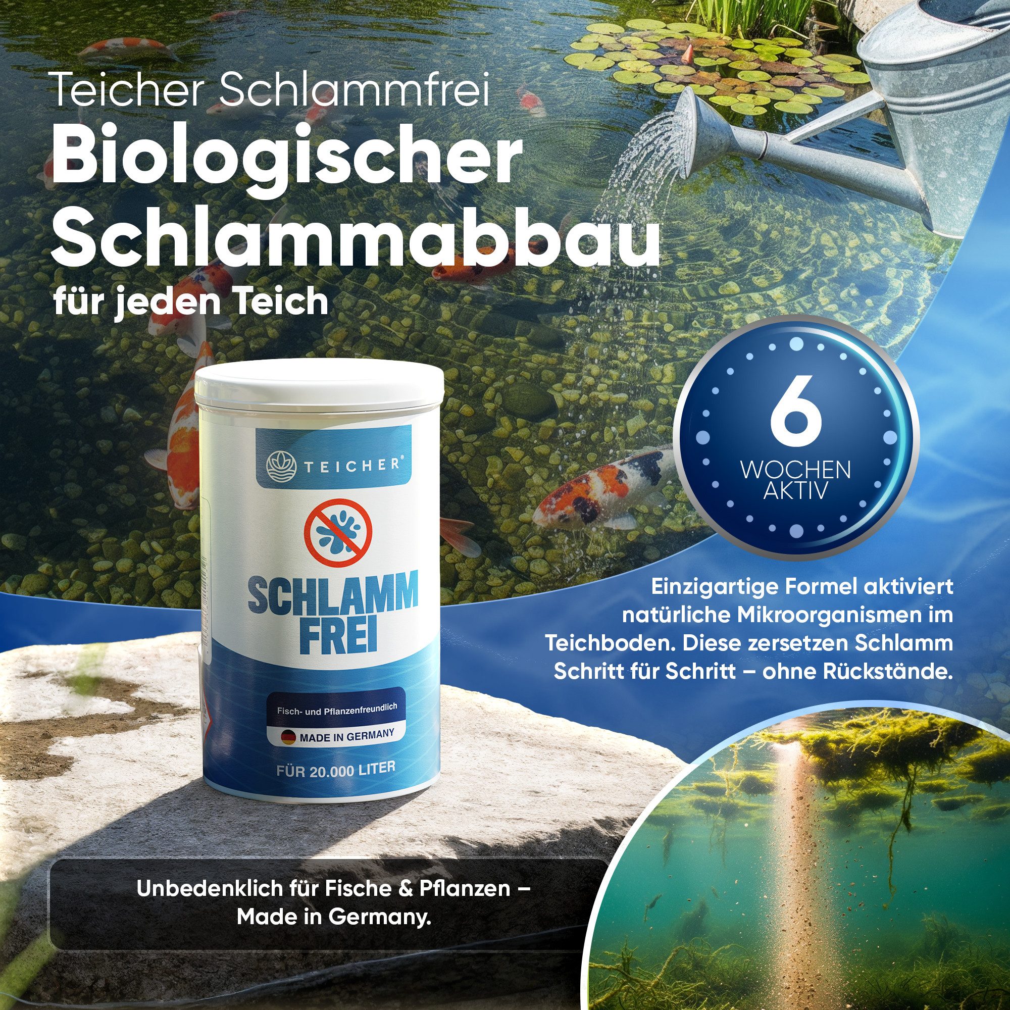 Teicher Teichpflege Teichschlamm Entferner – Natürliche Reinigung mit Sauerstoff, sichtbare Ergebnisse nach schon 30 Minuten