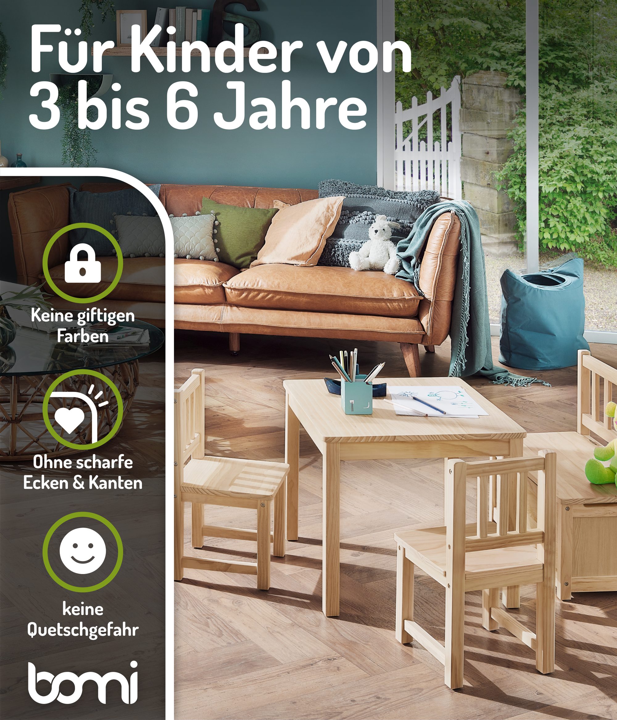 BOMI Kindersitzgruppe Holzsitzgruppe Anna, (Set, 4-tlg., 1x Tisch, 1x Truhenbank & 2x Stühle), Kindertischgruppe aus Holz, als Spiel- & Maltisch – Bild 3 von 5