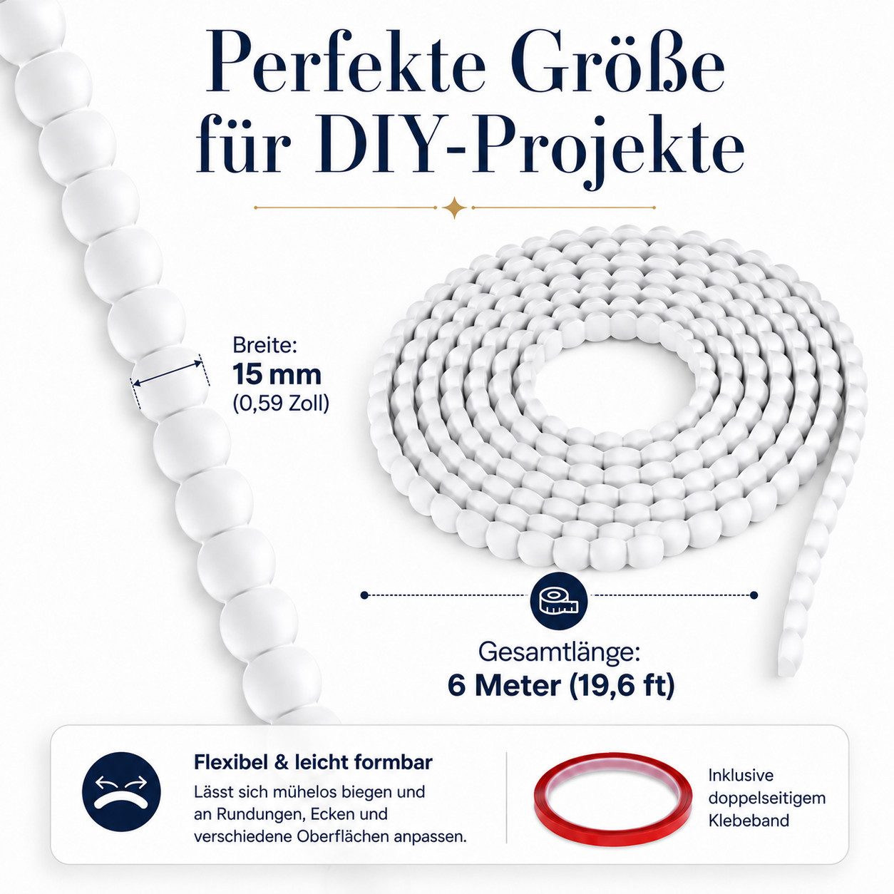 BlingBin Zierleiste PVC Zierleiste selbstklebend, 15 mm x 6 m, überstreichbare, selbstklebend, PVC, 2er Set, 2-St., Wandleiste, Zuschneiden, Dekorleiste für Wandfliesen und Möbelkanten