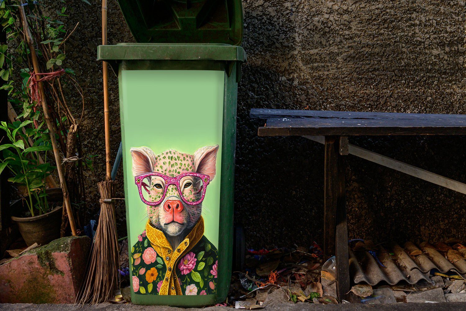 St), Abfalbehälter MuchoWow Sticker, Rosa Mülleimer-aufkleber, (1 Brille Blumen - Container, Mülltonne, Wandsticker Tier - Schwein - -