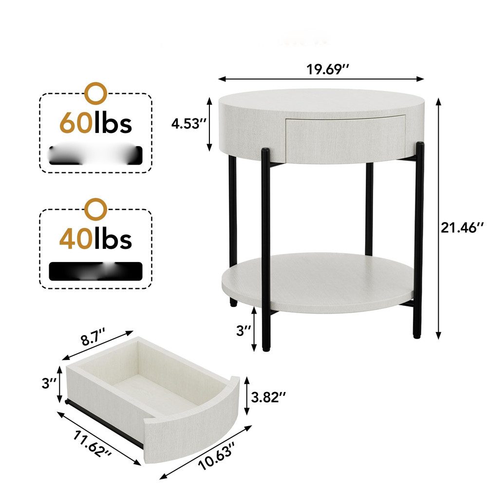 GarveeMore Beistelltisch Runder Beistelltisch Mit Schublade Holztisch Nachttisch – Bild 3 von 5