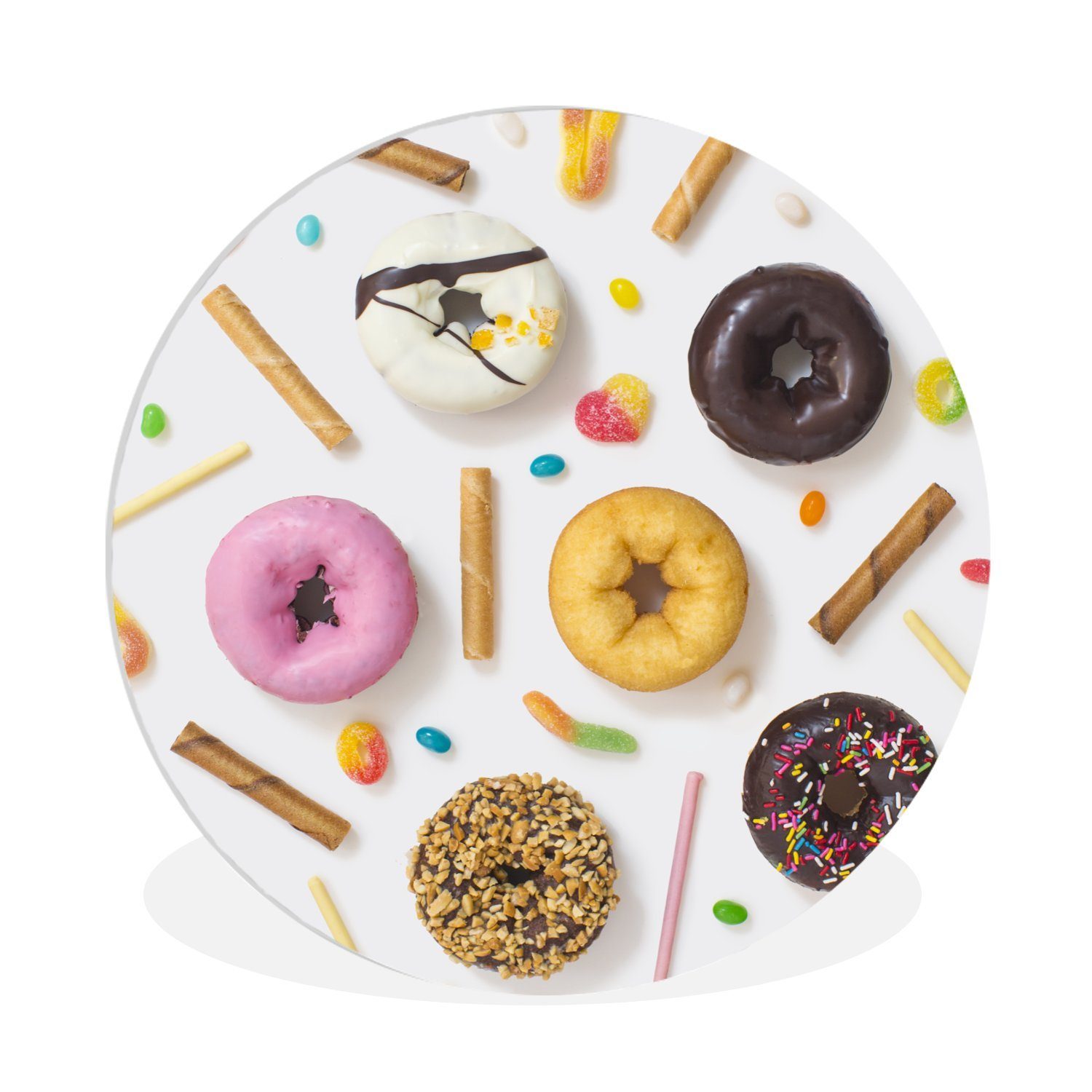 MuchoWow Gemälde Donuts, Süßigkeiten und Kekse, (1 St), Kreis Wanddekoration Forex, Rundes Wandbild, Wohnzimmer, 30x30 cm