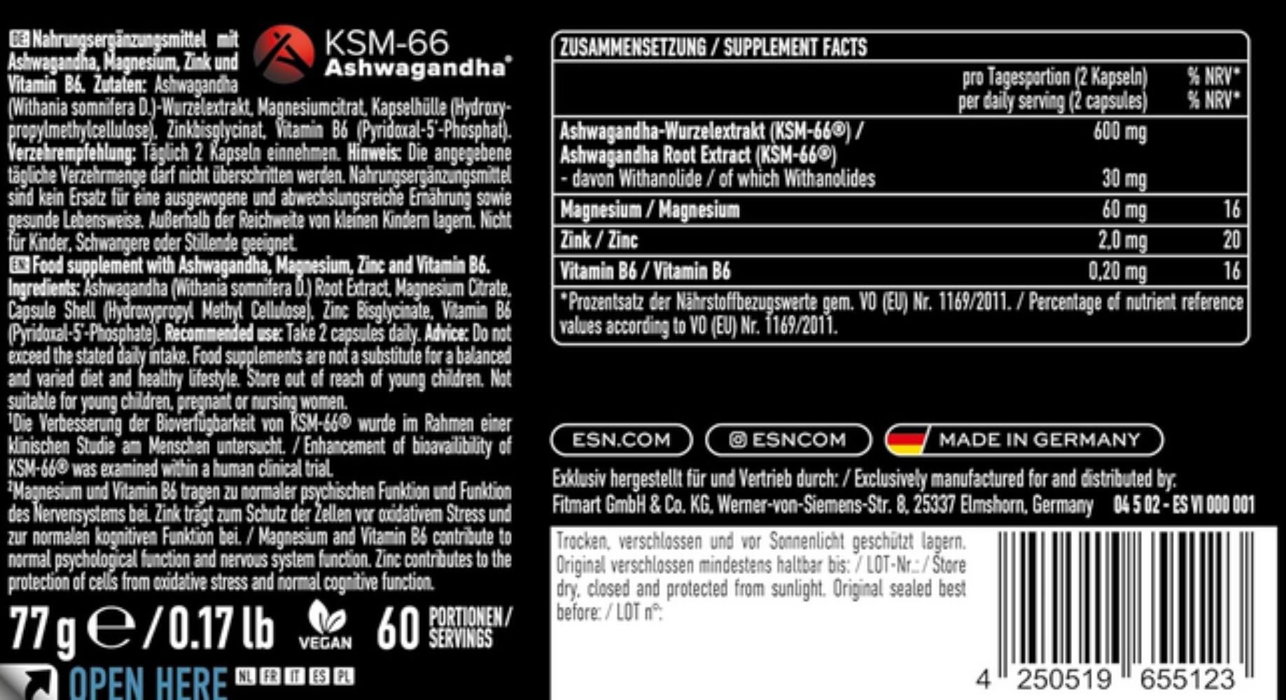 ESN ESN Ashwa Pro, 120 Kapseln, Ashwagandha KSM-66 Kapseln, 74,5 g, Mit patentiertem Ashwagandha-Wurzelextrakt KSM-66®