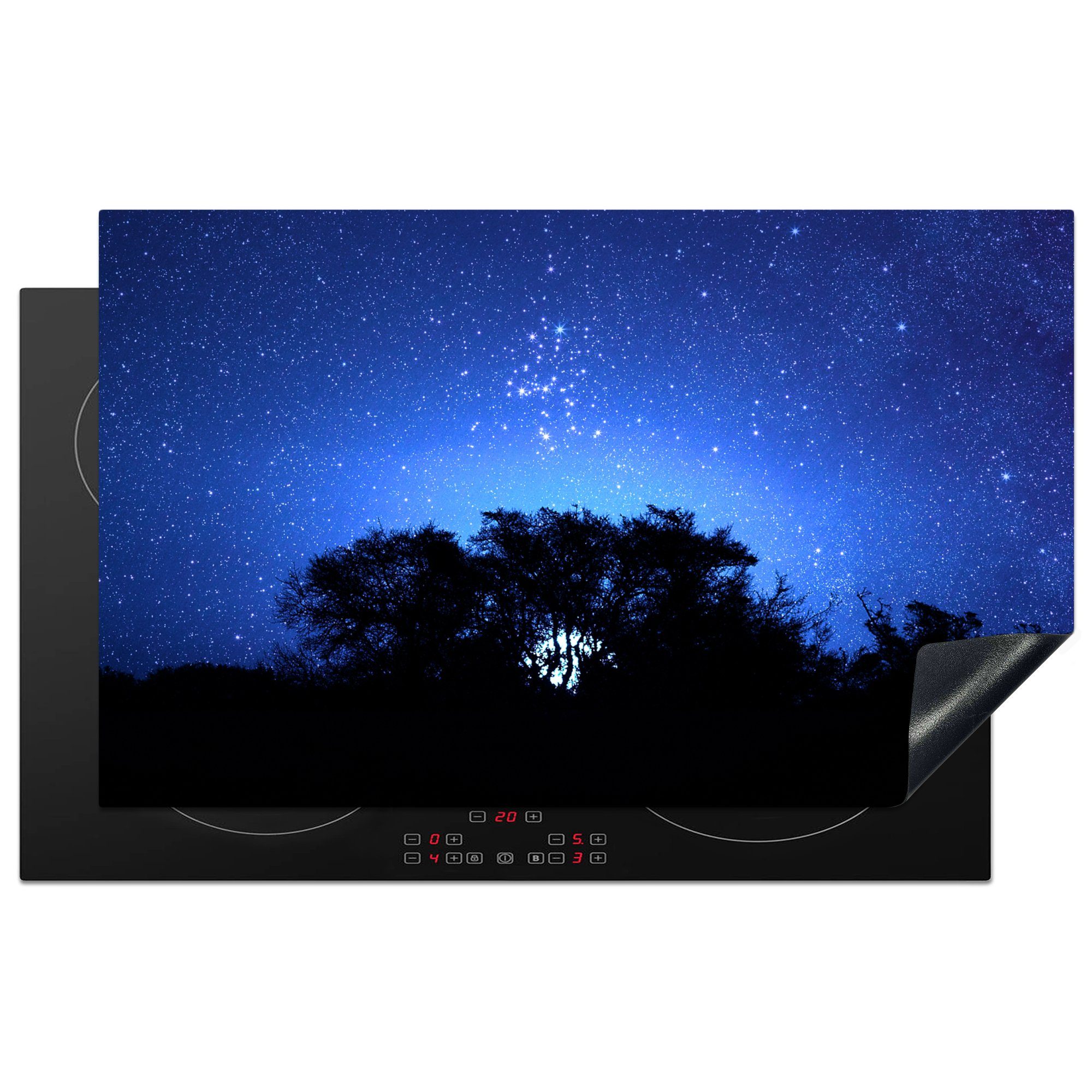 MuchoWow Herdblende-/Abdeckplatte Glühwürmchen über einem dunklen Wald am dunkelblauen Himmel, Vinyl, (1 tlg), 83x51 cm, Ceranfeldabdeckung, Arbeitsplatte für küche