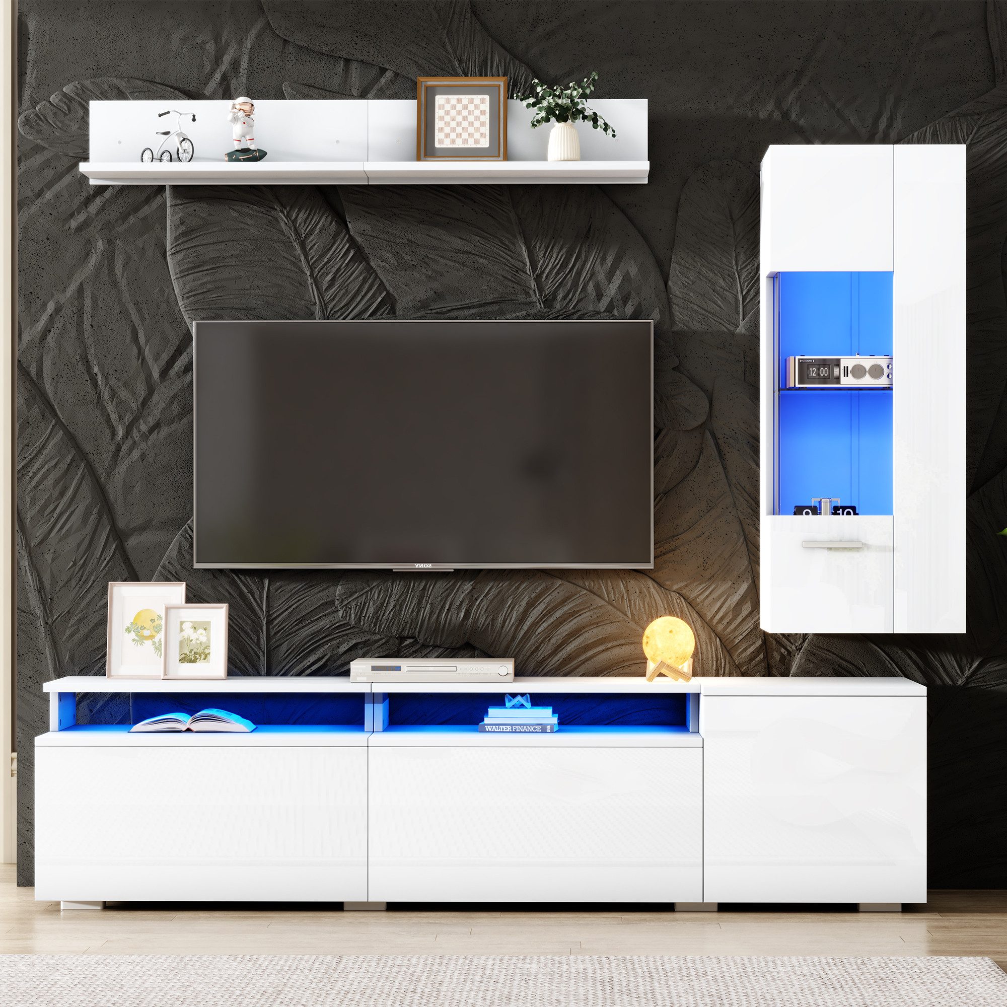 MODFU Wohnwand 3-teiliges Wohnzimmer-Set in Weiß Hochglanz mit LED, (Set, 3-St., Bestehend aus TV-Board, Vitrine & Wandregal), Stilvolle Kombination für TV-Geräte bis 80 Zoll