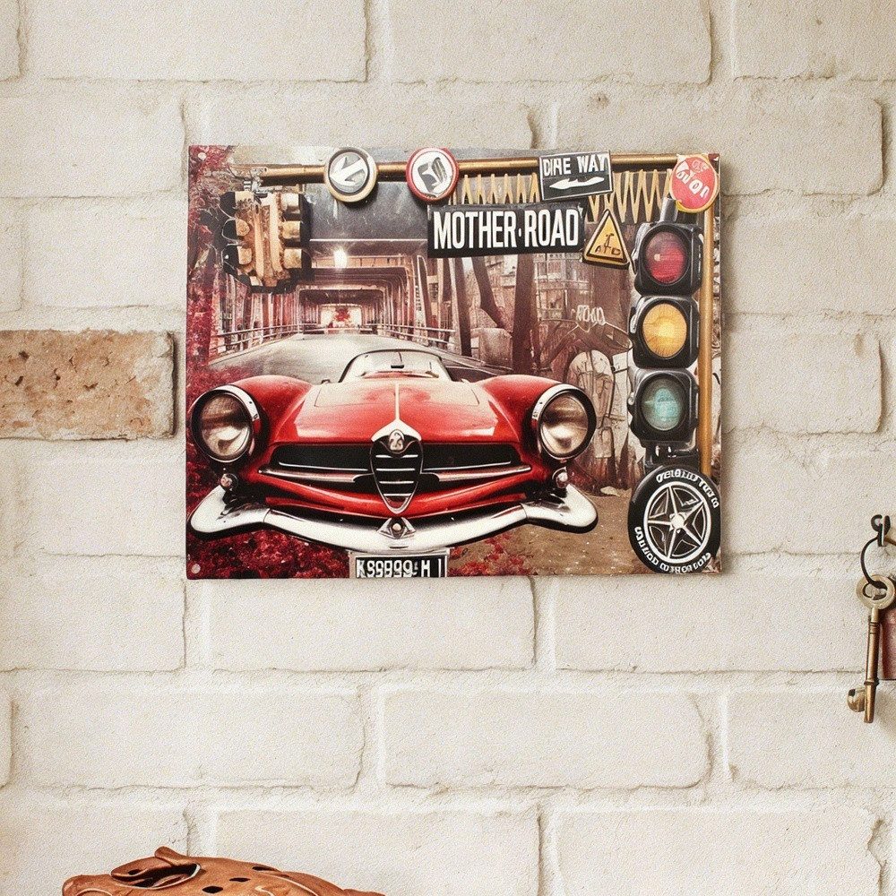 Antikas Wanddekoobjekt Hochwertiges Wandschild Eisen Mother Road mit rotem Oldtimer, H.20 cm