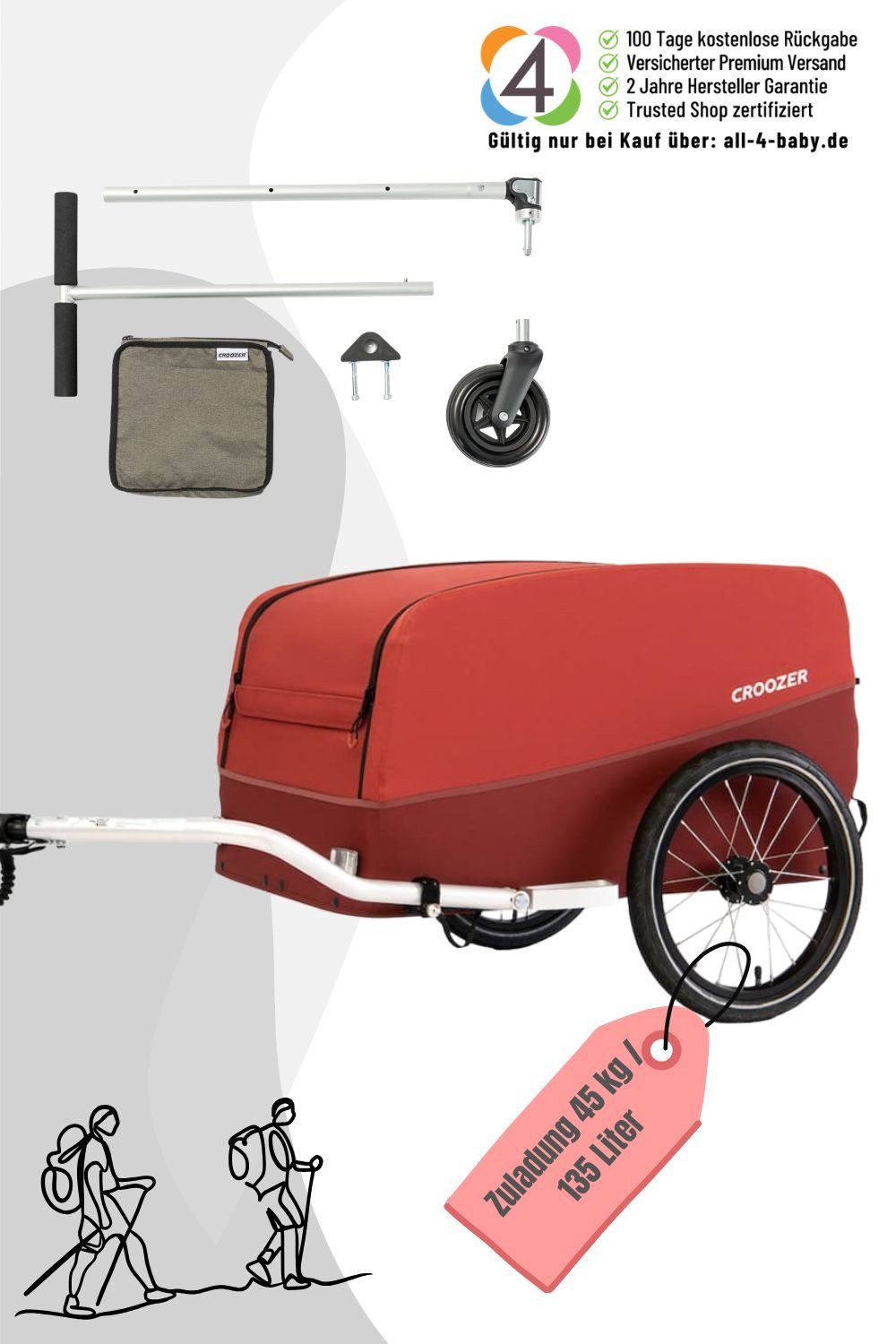 Croozer Fahrradlastenanhänger Cargo Pakko Ride & Wander Bundle Lava Red, Fahrradanhänger für Lasten & Gepäck bis 45 kg