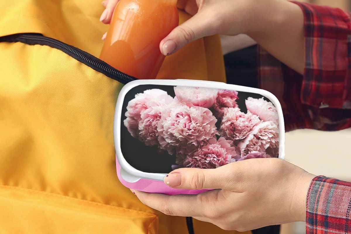 Lunchbox Kinder, Mädchen, Snackbox, Brotbox (2-tlg), Blumenstrauß rosa Brotdose Kunststoff Kunststoff, für Pfingstrosen, MuchoWow Erwachsene, aus