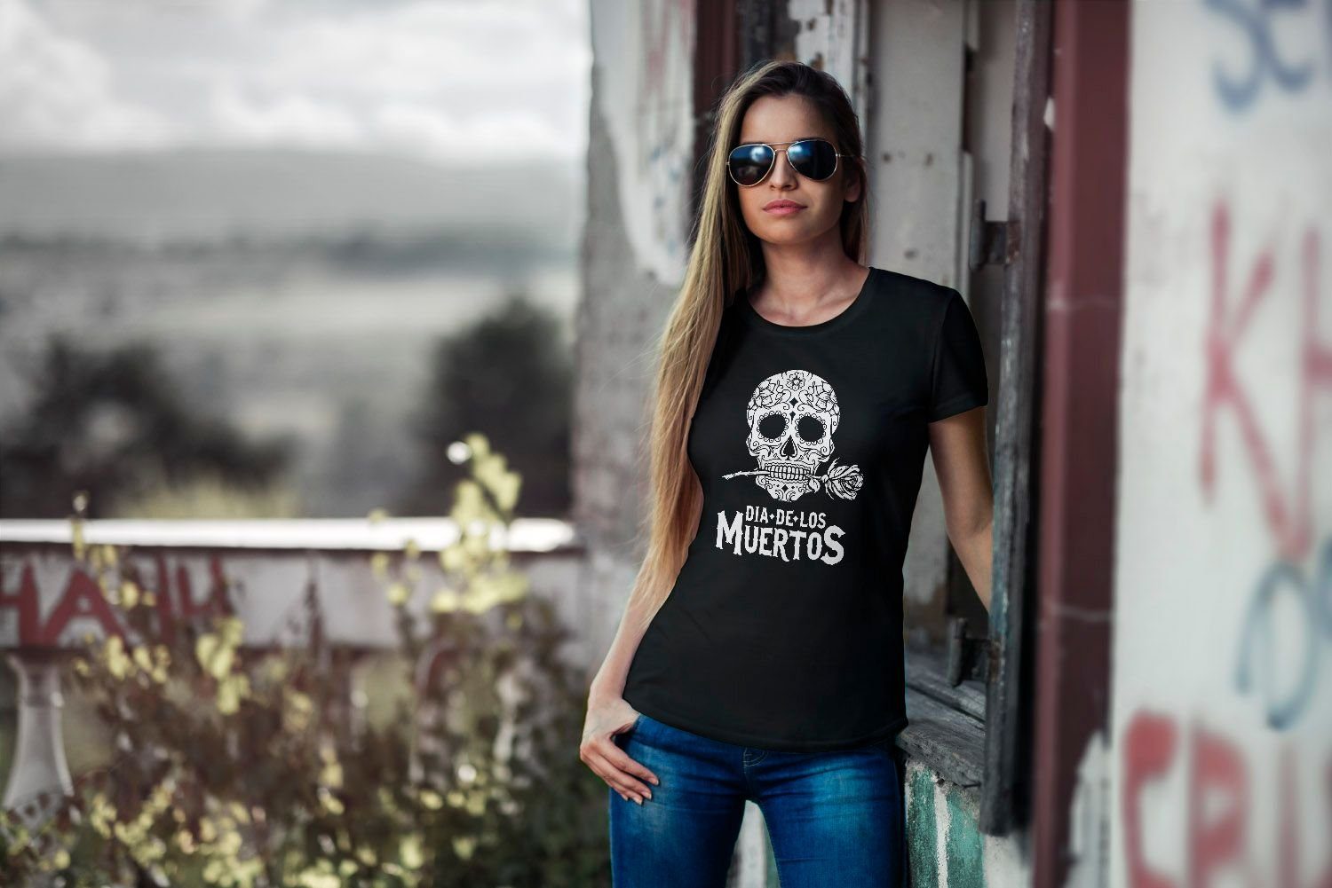 Skull Los Print Muertos T-Shirt Damen Blumen Sugar Dia Neverless® mit Fit mit Slim Neverless Print-Shirt De Totenkopf