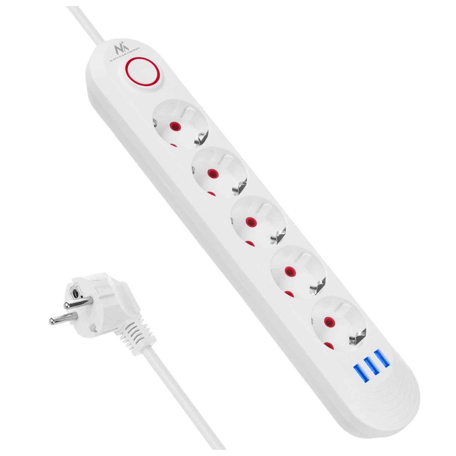 Maclean MCE395 5 Steckdosen 2500W 3xUSB Steckdosenleiste 5-fach (Kabellänge 1.5 m), 110-240V AC 50/60Hz, 2,1A max 2500W, 1,5m