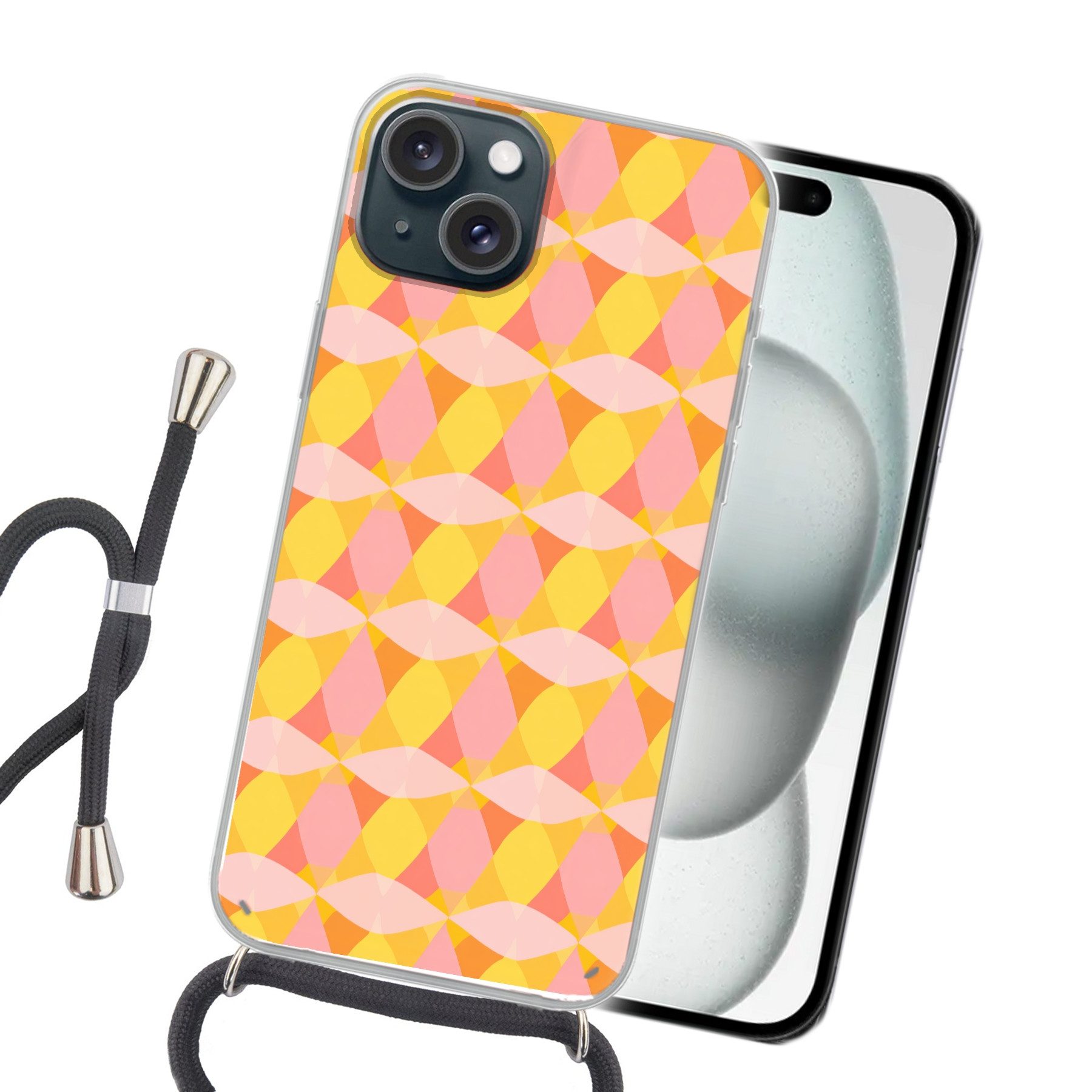 MuchoWow Handyhülle für Apple iPhone 15 Plus Bunt - Schachbrettmuster - Blattformen, Tragbare Handyhüllen mit Kette zum umhängen, Handykette Handyband