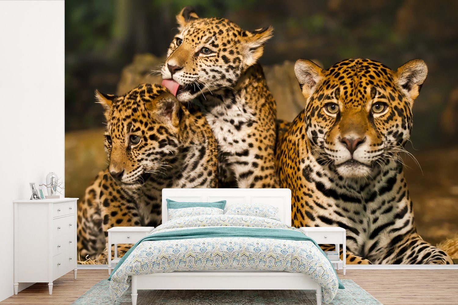 MuchoWow Fototapete Leopard - Wilde Tiere - Natur, Matt, bedruckt, (6 St), Wallpaper für Wohnzimmer, Schlafzimmer, Kinderzimmer, Vinyl Tapete