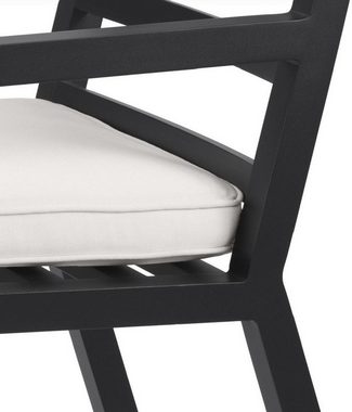 Casa Padrino Esszimmerstuhl Luxus Esszimmerstuhl mit Armlehnen Schwarz / Weiß 56 x 66,5 x H. 87 cm - Wetterbeständiger Aluminium Stuhl mit Sitzkissen - Garten Terrassen Stuhl - Luxus Qualität