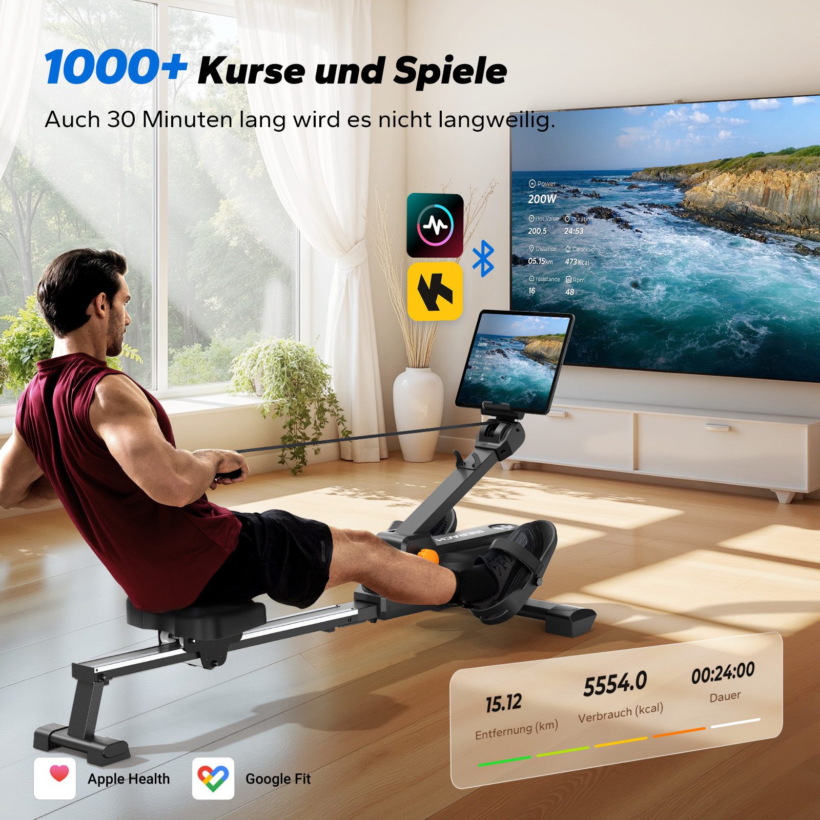 MERACH Rudergerät Rudergerät Heimtrainer Krafttraining - 16 Magnet-Widerstandsstufen (Hai-Aussehen, mit LCD-Monitor, extra leises Magnetbremssystem, mit Exklusiver Interaktiver APP und Spielen, Kinomap App-Kompatibel), Leicht zu Montieren, Geeignet für Ganzkörpertraining