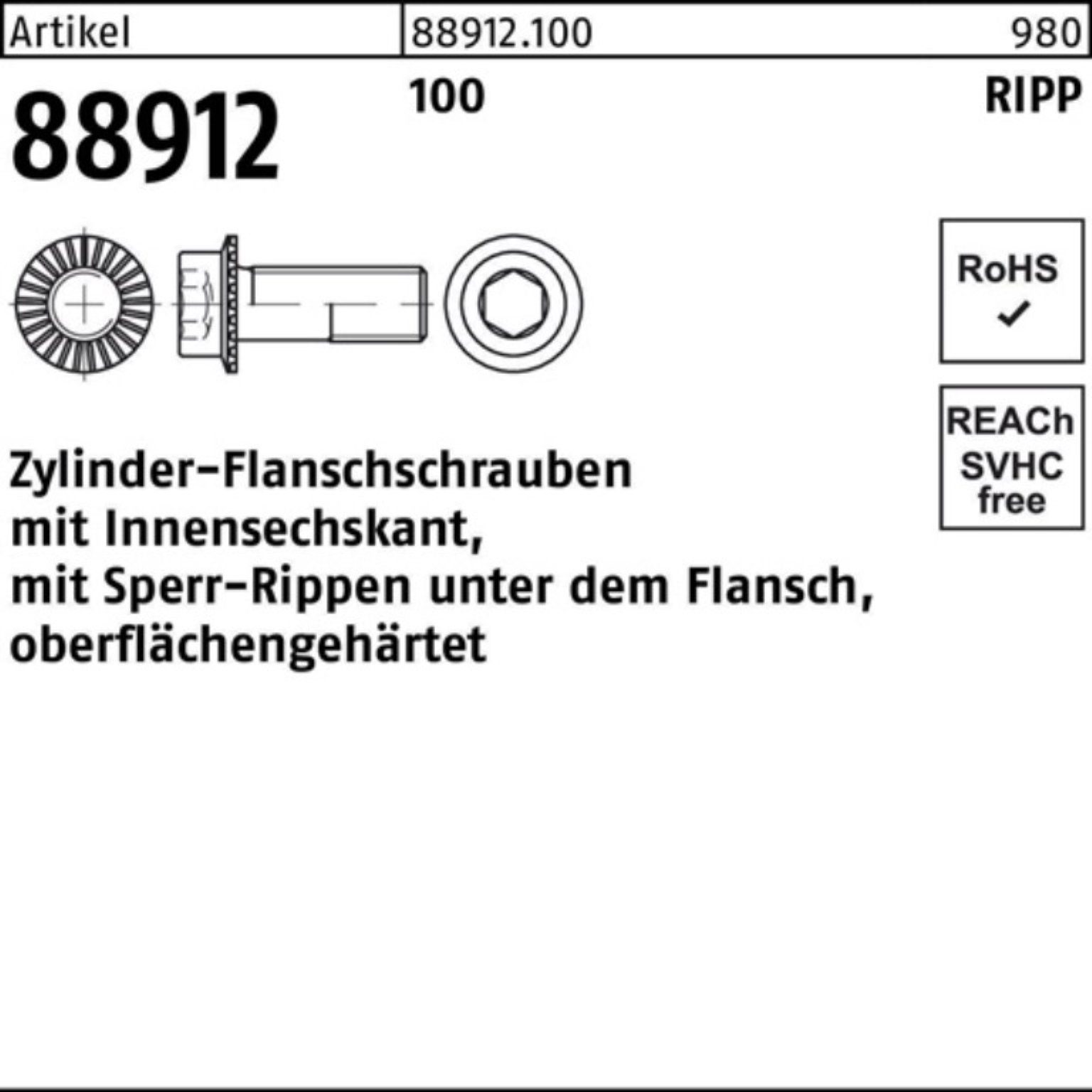 Reyher Schraube 200er Pack Zylinderflanschschraube R 12 M8x Sperr-Ripp 88912 Innen-6kt