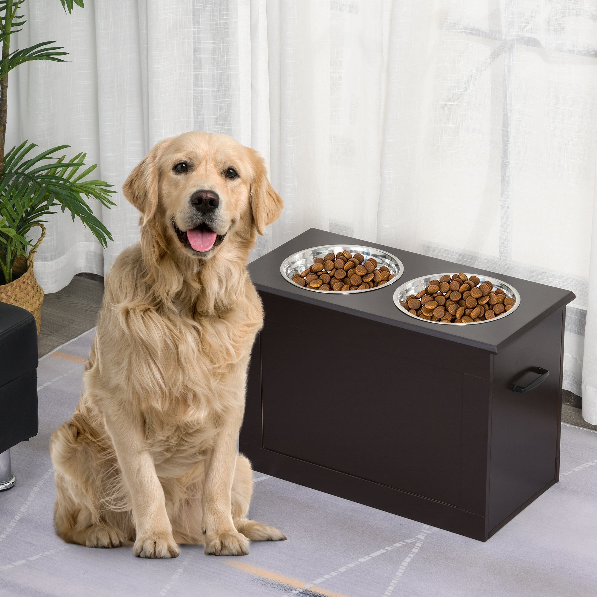 PawHut Futternapf 2 Hunde Katzen Fressnapf mit Staumraum, Edelstahl, Espresso 60 x 30 x 41 cm