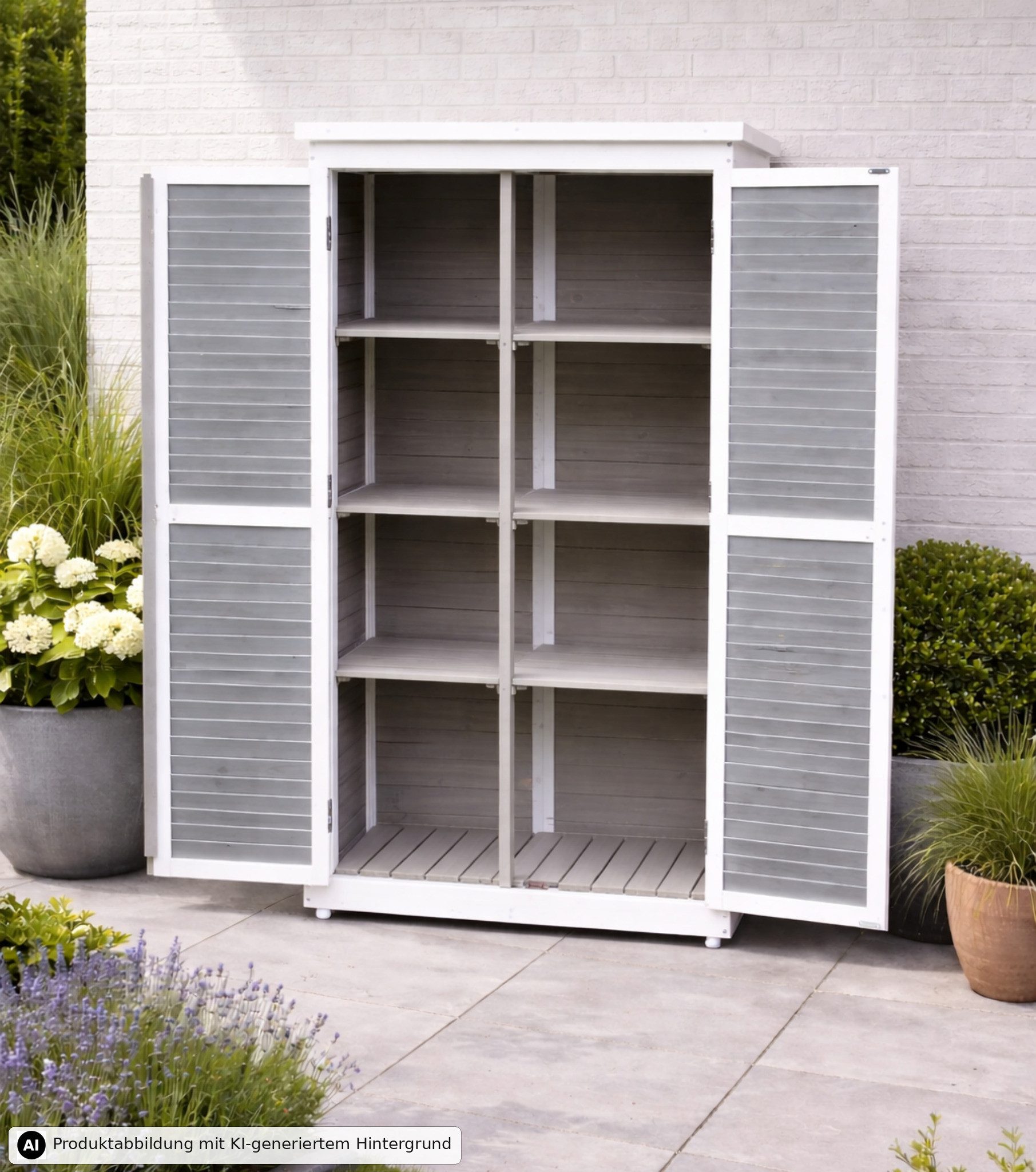Leco Garten-Geräteschrank Gartenschrank MOMO Holz grau-weiß B 87 x T 47 x H160 cm, BxT: 87x47 cm, Holz, Tannenholz lasiert – Bild 2 von 5