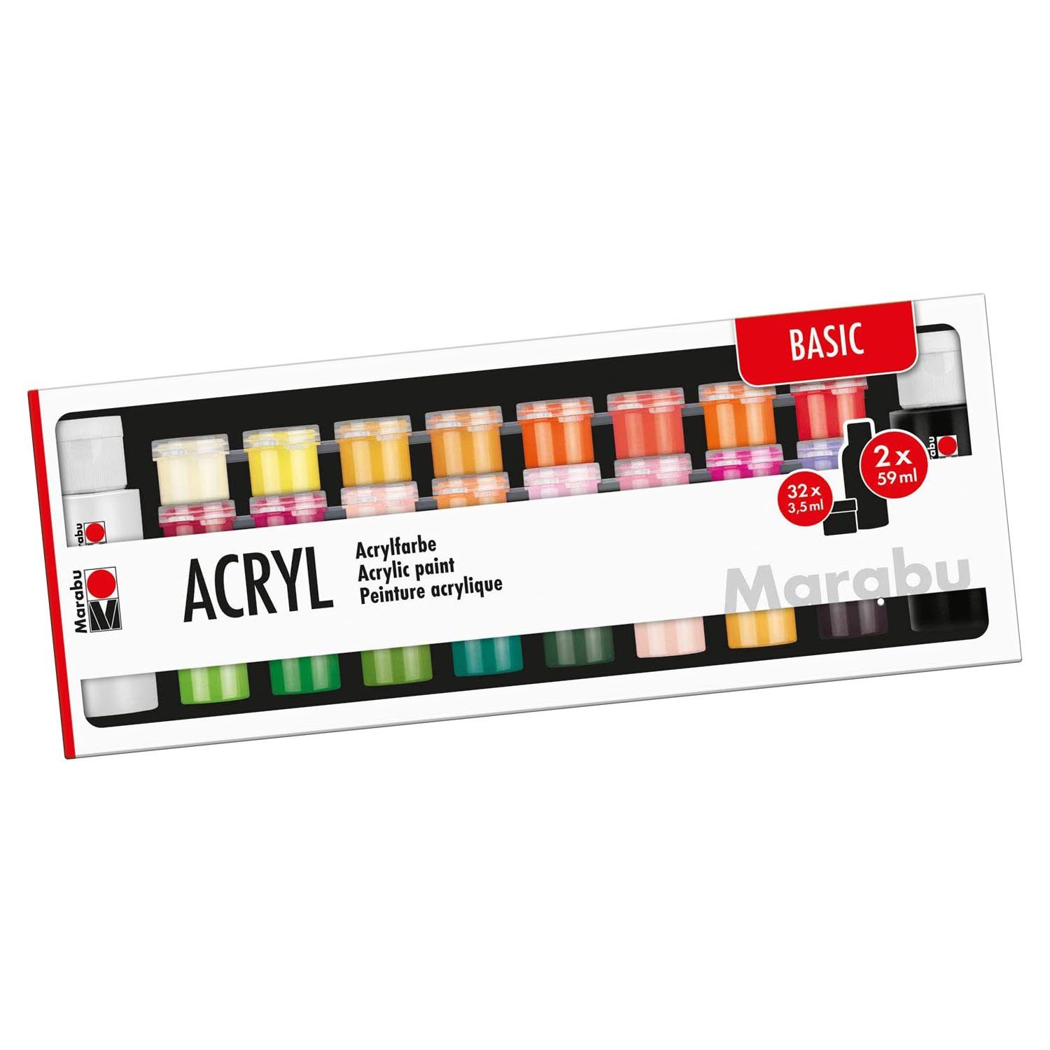 Marabu Acrylfarbe Marabu Acrylfarben-Set "BASIC", 32 x 3,5 ml / 2 x 59 ml