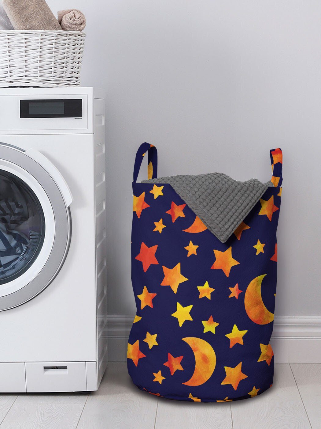Wäschekorb für und Wäschesäckchen Monde nächtlich mit Griffen Sterne Shapes Abakuhaus Kordelzugverschluss Waschsalons,