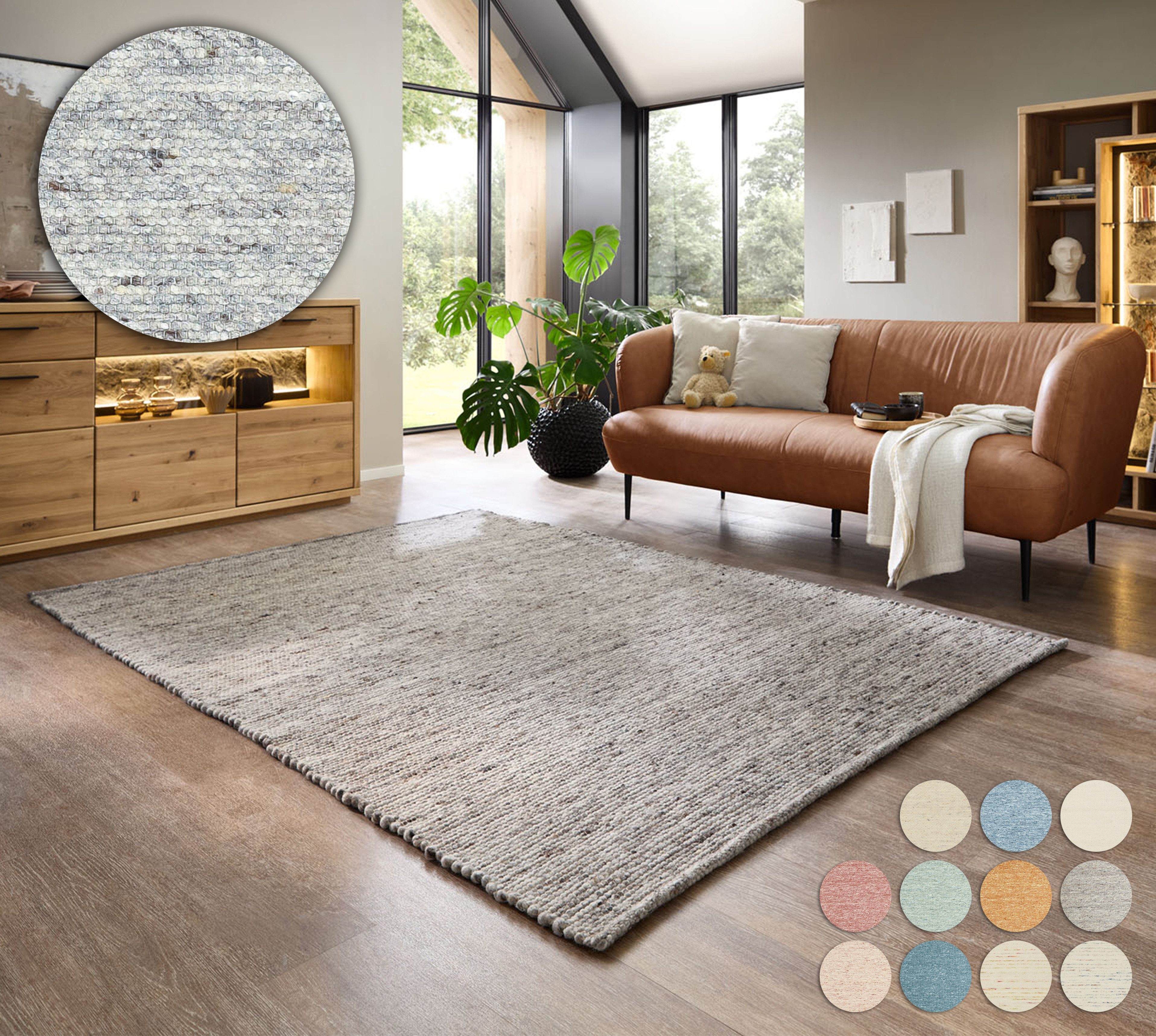 OTTO home Wollteppich Pirker, rechteckig, Höhe: 12 mm, Wendeteppich, meliert, reine Wolle, handgewebt, Scandi, Wohnzimmer
