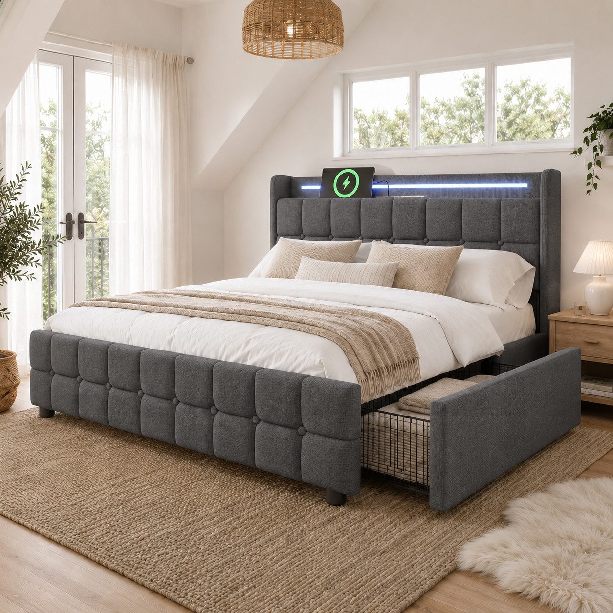 Flieks Polsterbett, LED-Beleuchtung Doppelbett 140x200cm mit Ladefunktion und 4 Schubladen