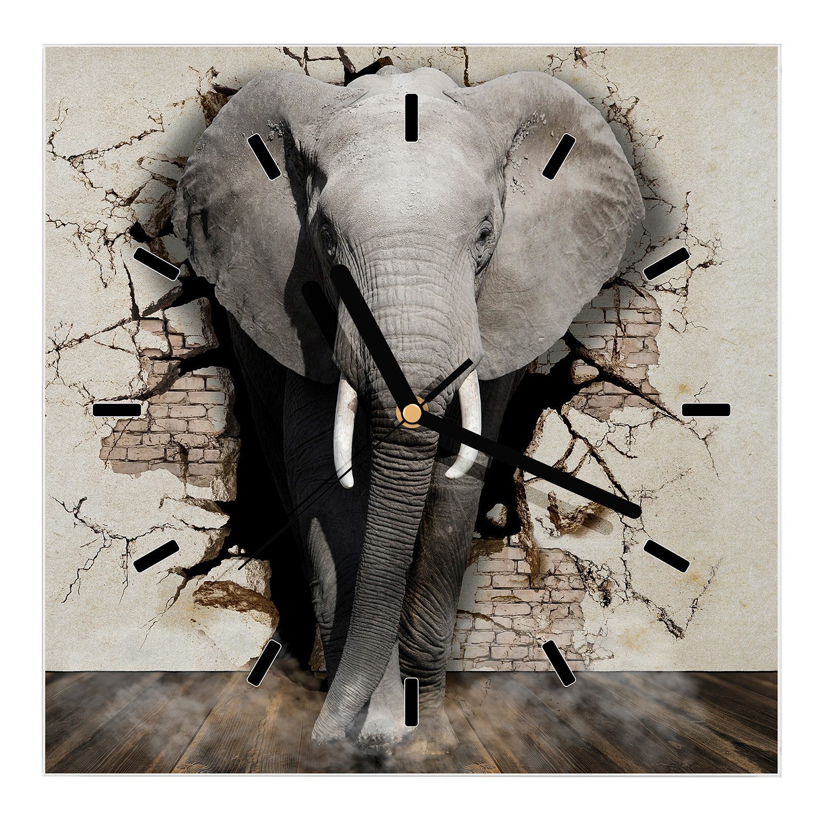 Primedeco Wanduhr Glasuhr Wanduhr Wandkunst Größe 30 x 30 cm mit Motiv Elefant 3D