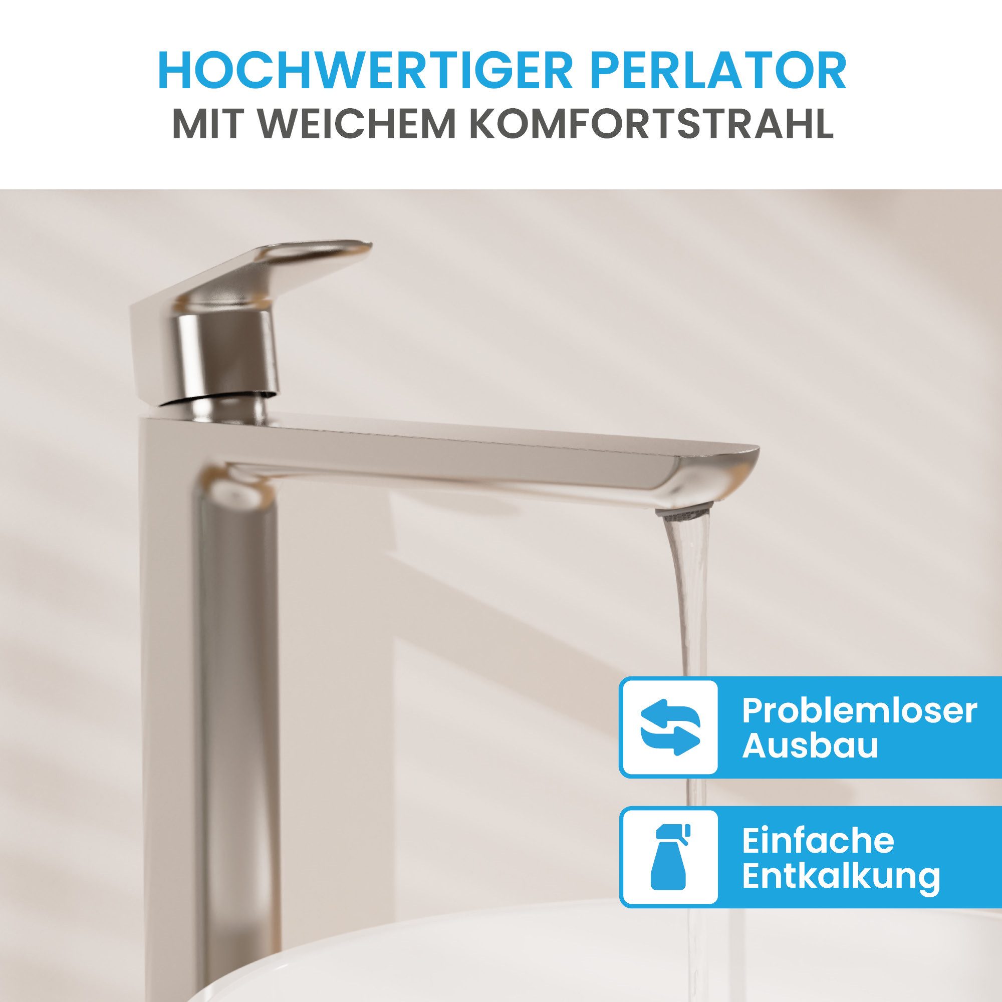 Bächlein Badarmatur Mizarela hoch - klassisches Design - ideal für Aufsatzwaschbecken hochwertiger Wasserhahn im hohen klassischen Design