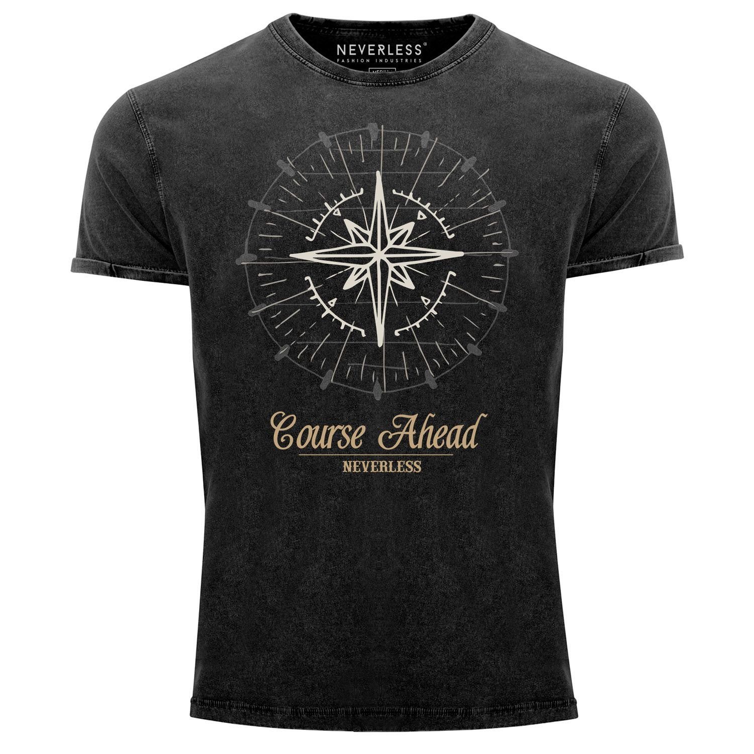 Neverless Print-Shirt Cooles angesagtes Herren T-Shirt Vintage Shirt Kompass Windrose Aufdruck Used Look Slim Fit Neverless® mit Print