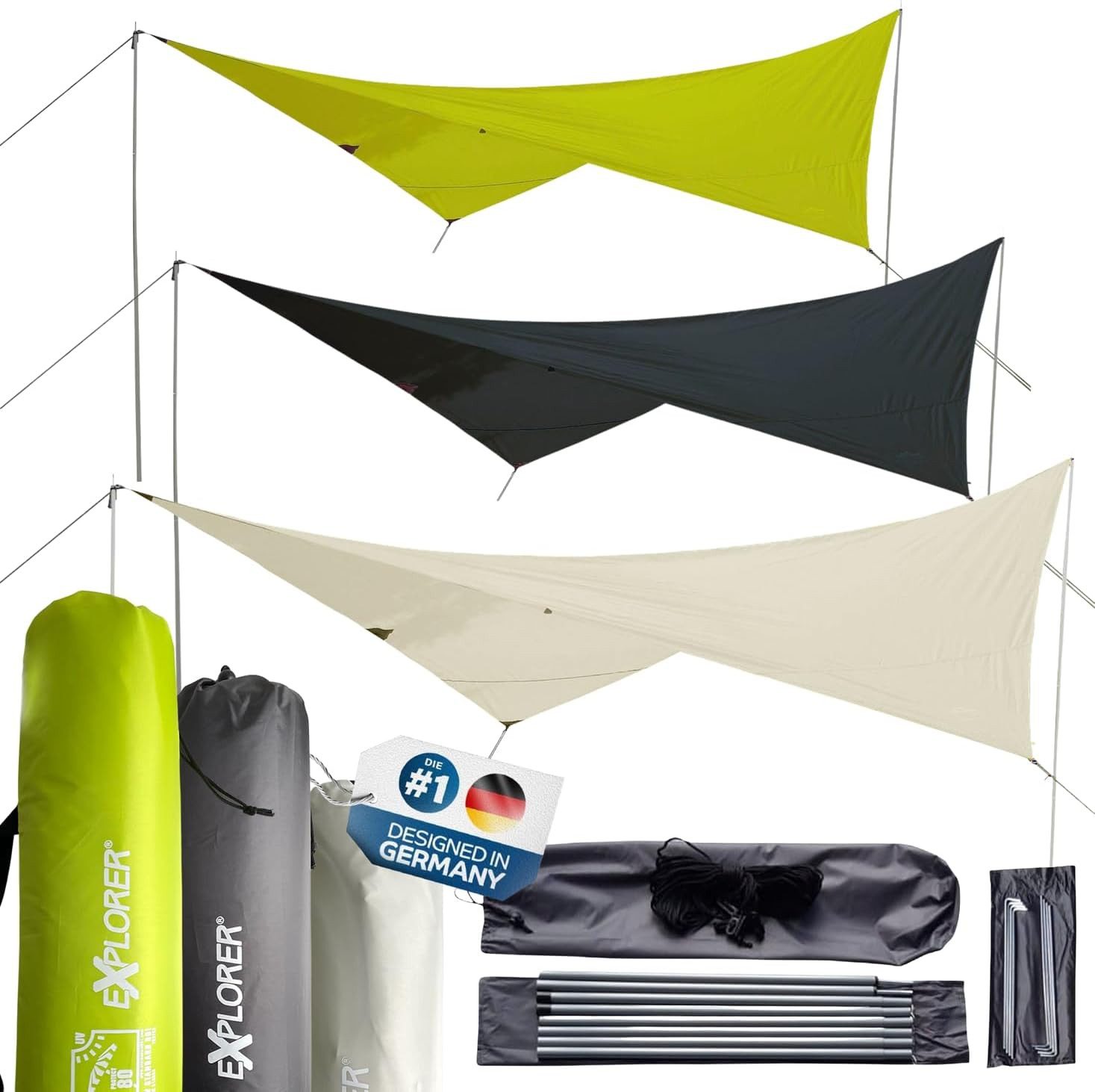 EXPLORER Sonnensegel Sonnensegel 3x4m rechteckig wasserabweisend mit Stangen, (Set, Leinen und Heringen Sonnenschutz UPF80+ UV Schutz), nach Standard 801 in beige, grün oder grau für Balkon Garten Terrasse