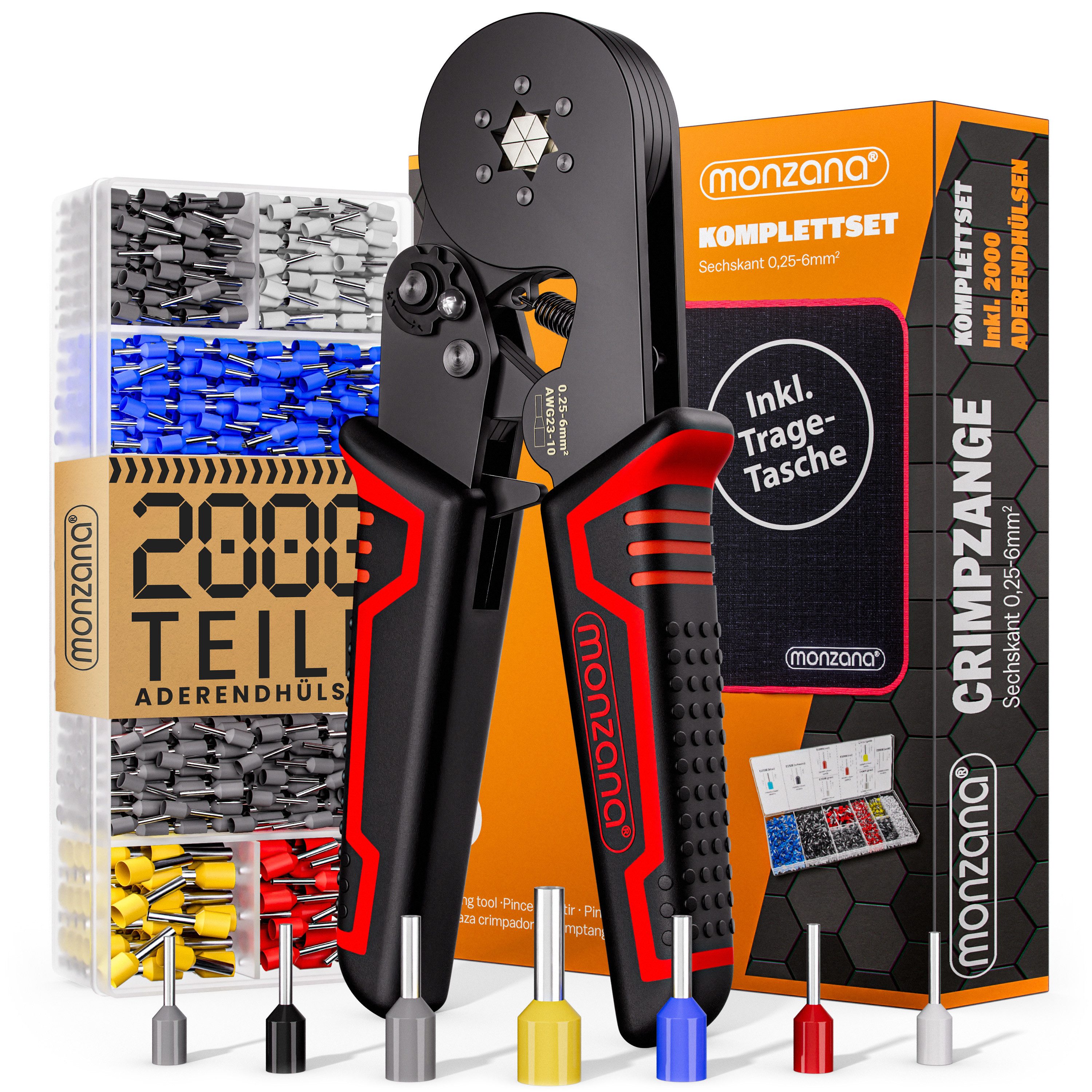 monzana Crimpzange, Set Sechskant 0,25-6mm² 2000tlg. Aderendhülsenzange Presszange Tasche