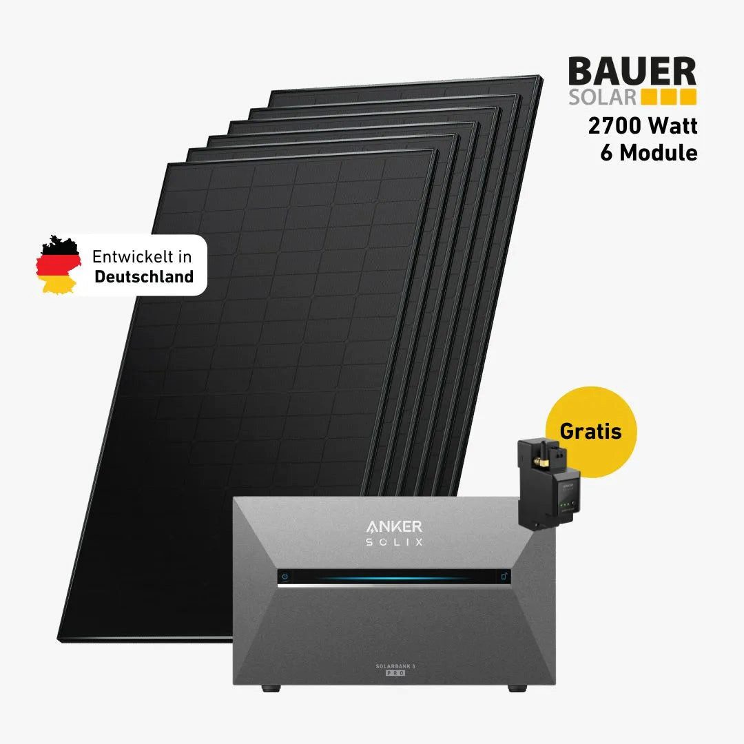 Balkonstrom Balkonkraftwerk 2700W mit Speicher, Anker 3 Pro, Komplettset, Bifazial, Premium, 2700 W, Monokristallin, (Anker SOLIX Solarbank 3 E2700 PRO Stromspeicher), Made in Germany Kabel