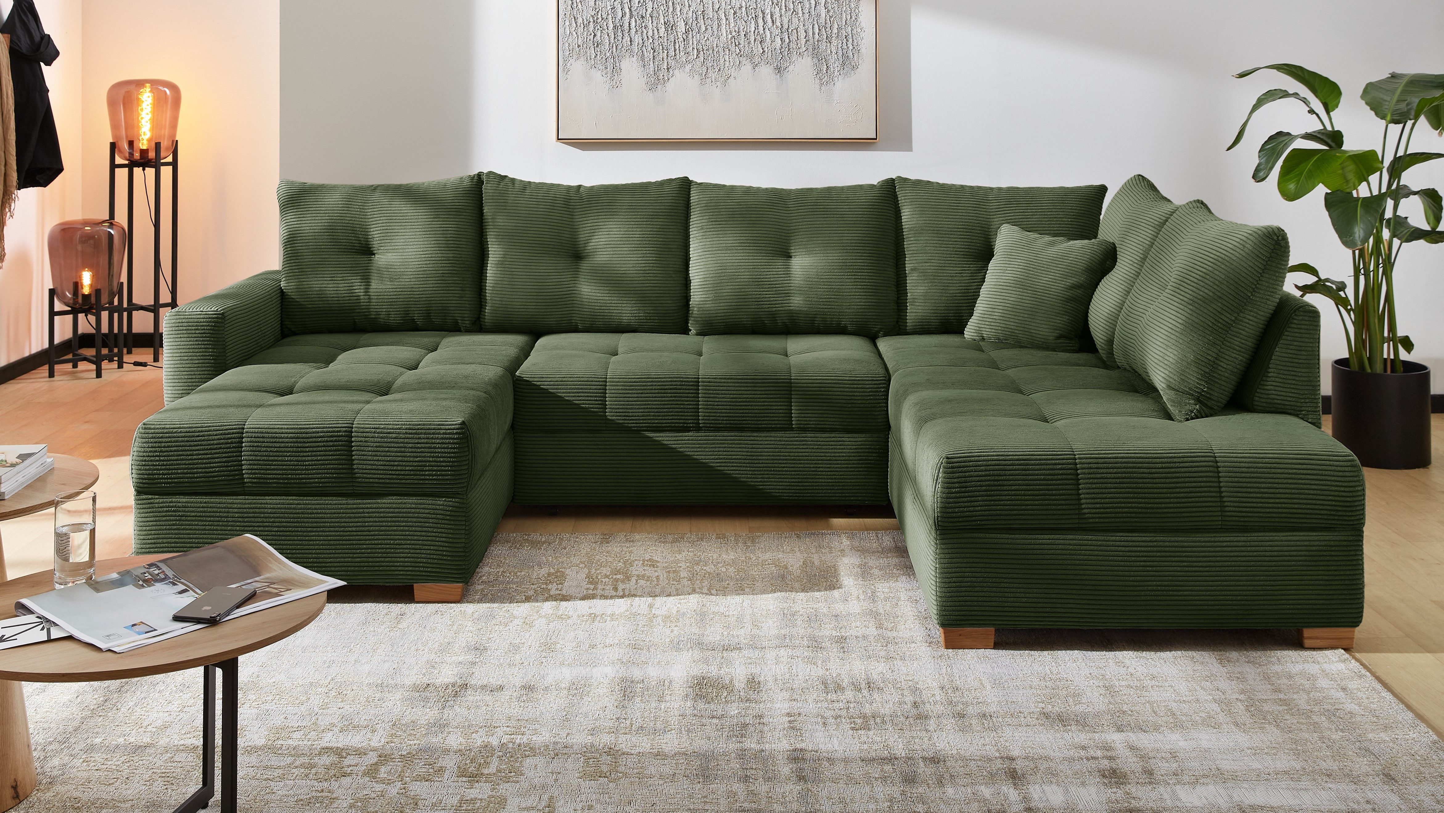 Jockenhöfer Gruppe Wohnlandschaft Abby U-Form, B: 313 cm, inkl. Schlaffunktion, inkl Bettkasten, große Liegefläche 273x147cm, Massivholz Füße