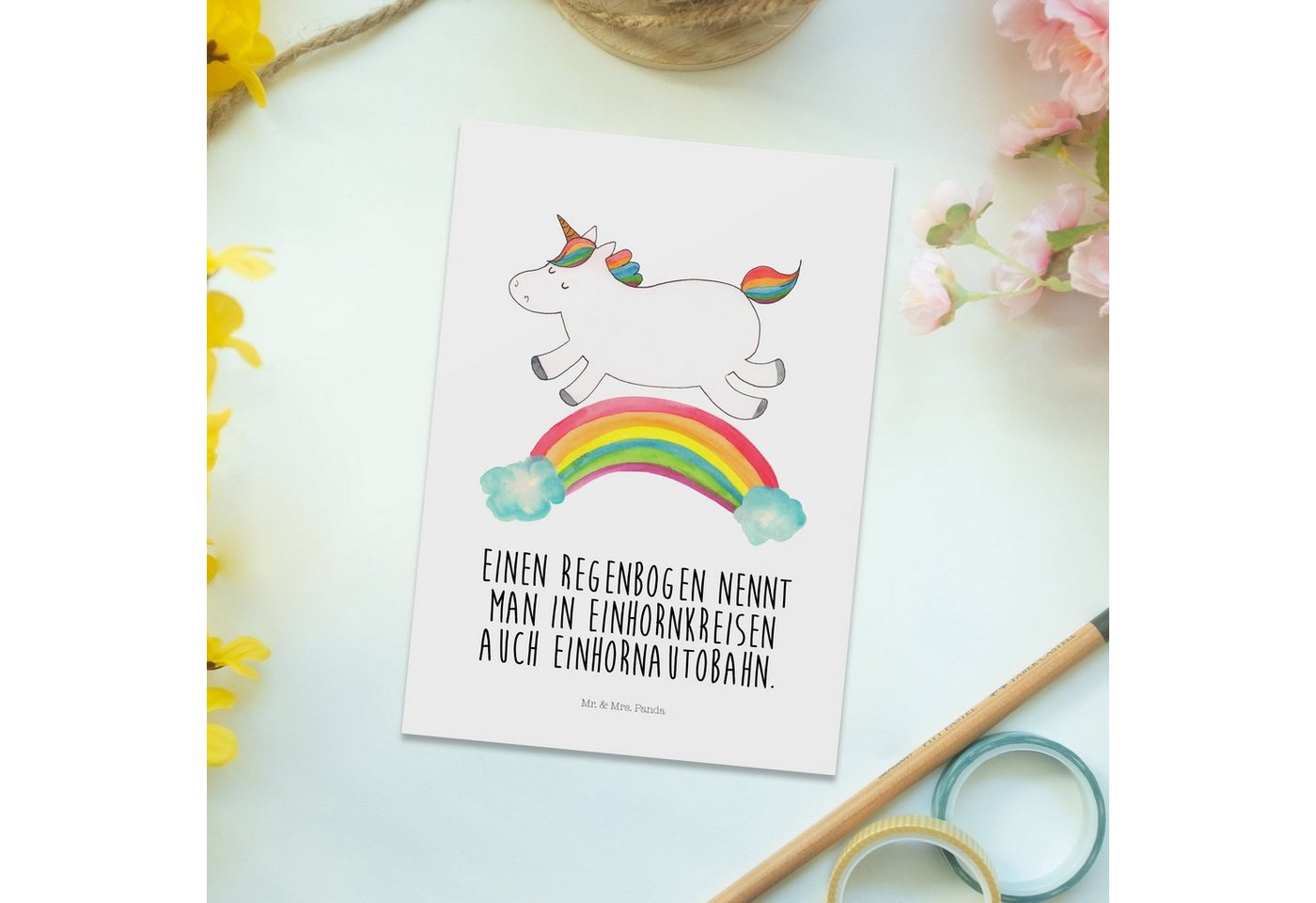 Thumbnail - Mr. & Mrs. Panda Postkarte Einhorn Regenbogen - Weiß - Geschenk, Einladung Geburtstag, Einhornpo, Glänzende Vorderseite