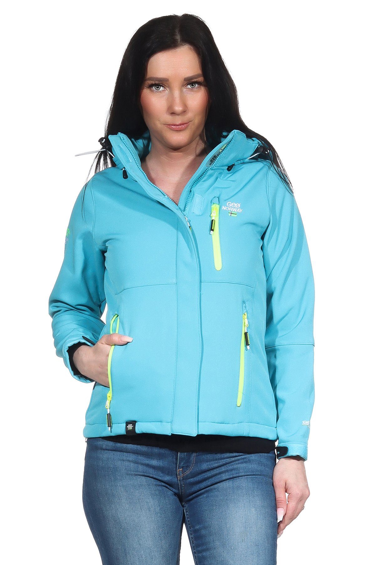 Geographical Norway Softshelljacke Geographical Norway Damen Softshelljacke G-Tara by leyoley mit abnehmbarer Kapuze, Stehkragen, Wetterschutz Türkis